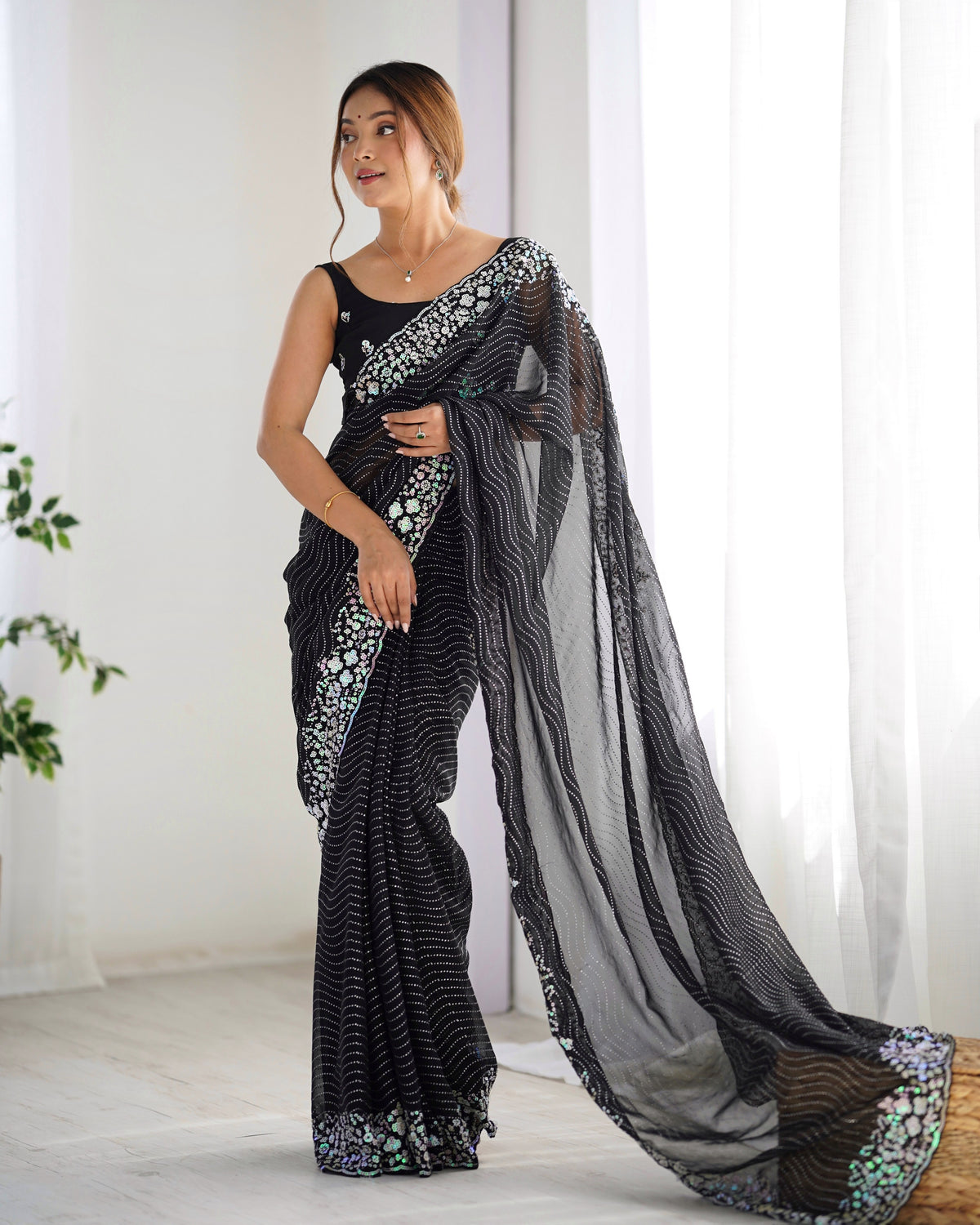 Black Georgette Beautiful Partywear Embroidered Saree