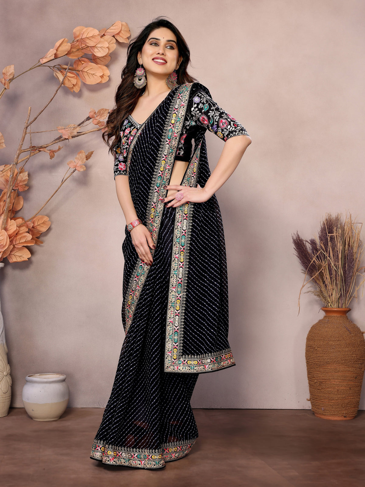 Black Georgette Designer Embroidered Traditional Leheria Saree