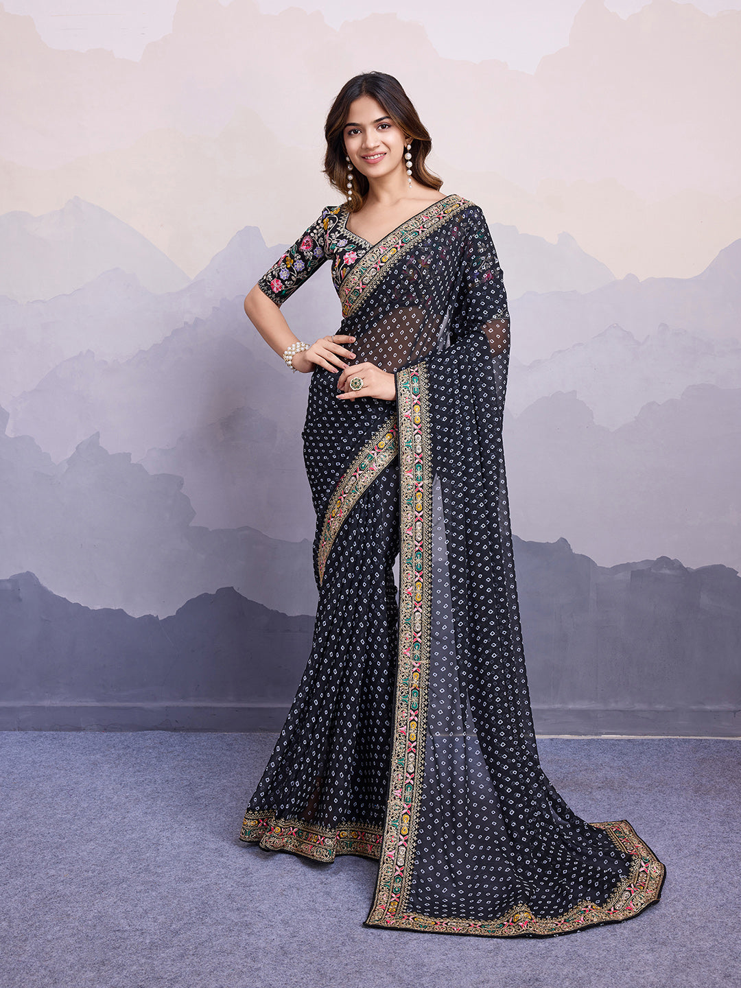 Black Georgette Designer Partywear Bandhej Saree
