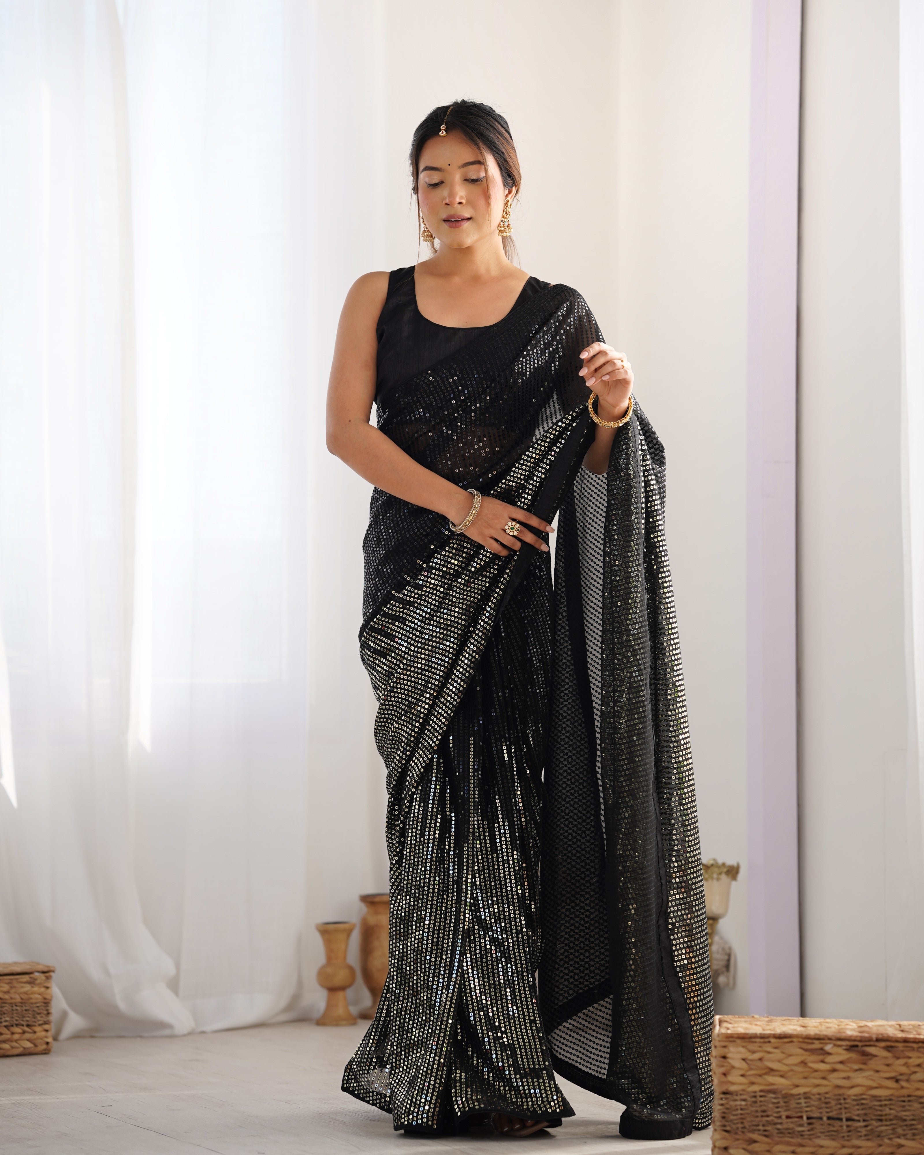 Black Georgette Designer Sequance Embroidery Work Bollywood Style Partywear Saree