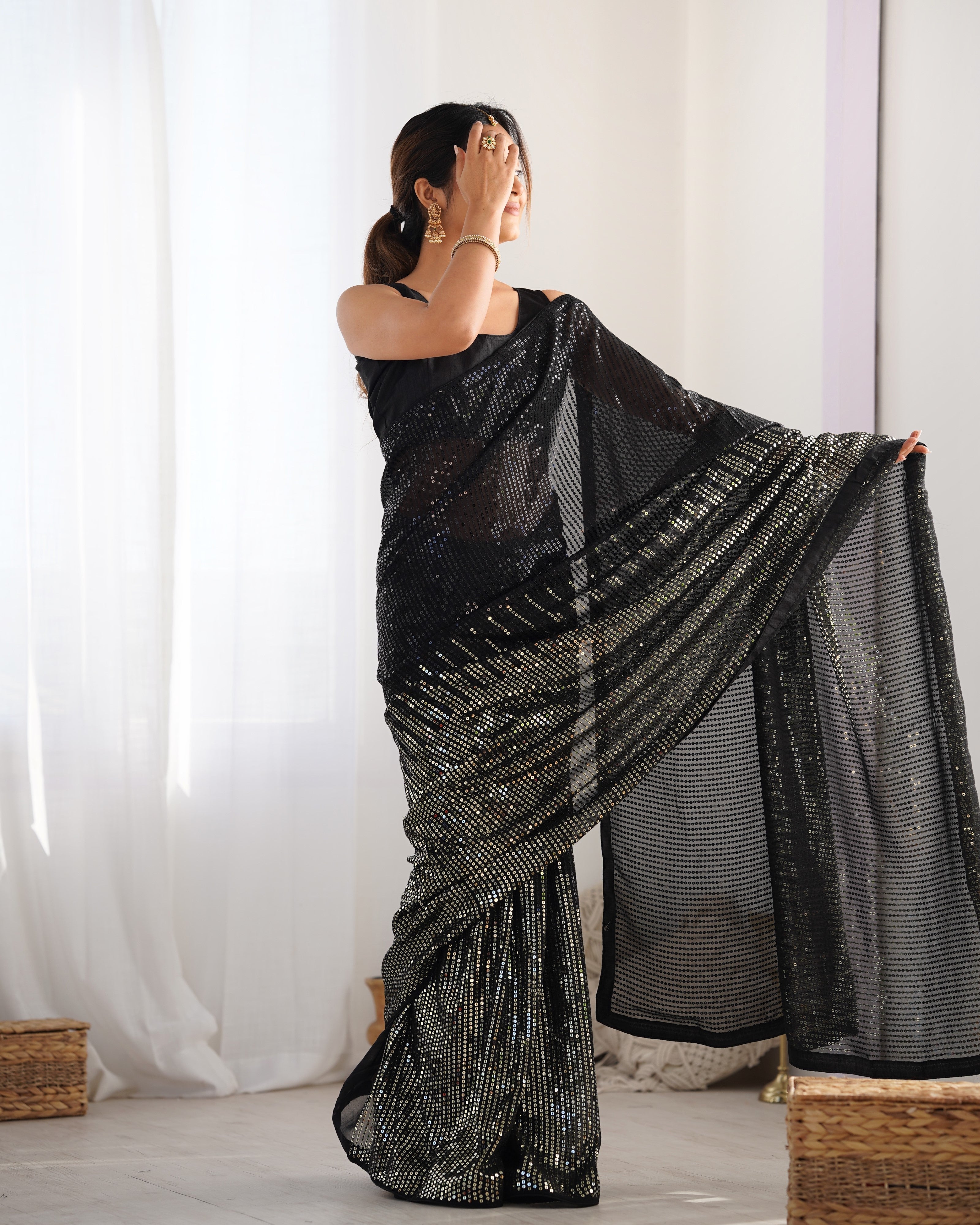 Black Georgette Designer Sequance Embroidery Work Bollywood Style Partywear Saree