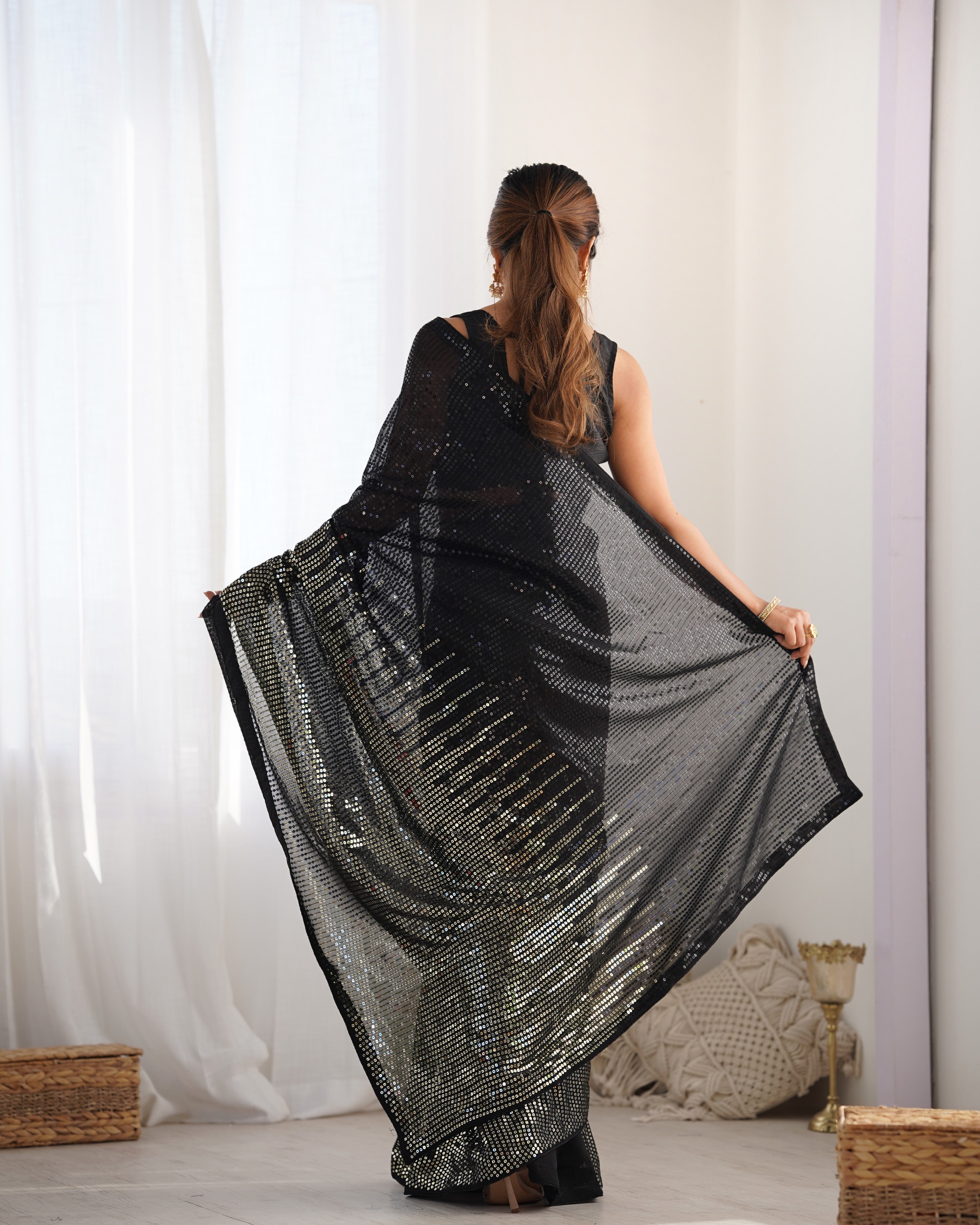 Black Georgette Designer Sequance Embroidery Work Bollywood Style Partywear Saree