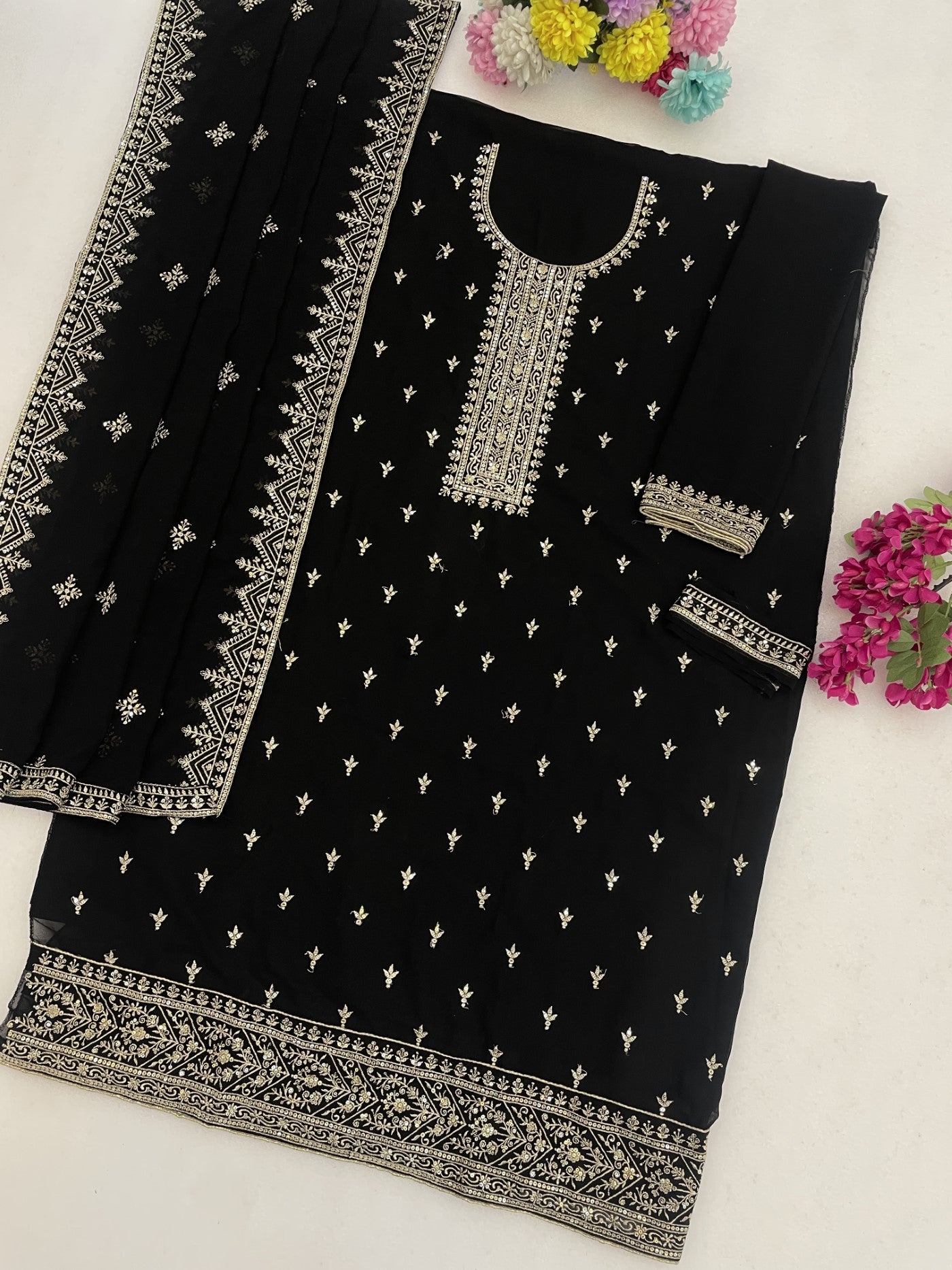 Black Georgette Designer Suit Set With Intricate Embroidery