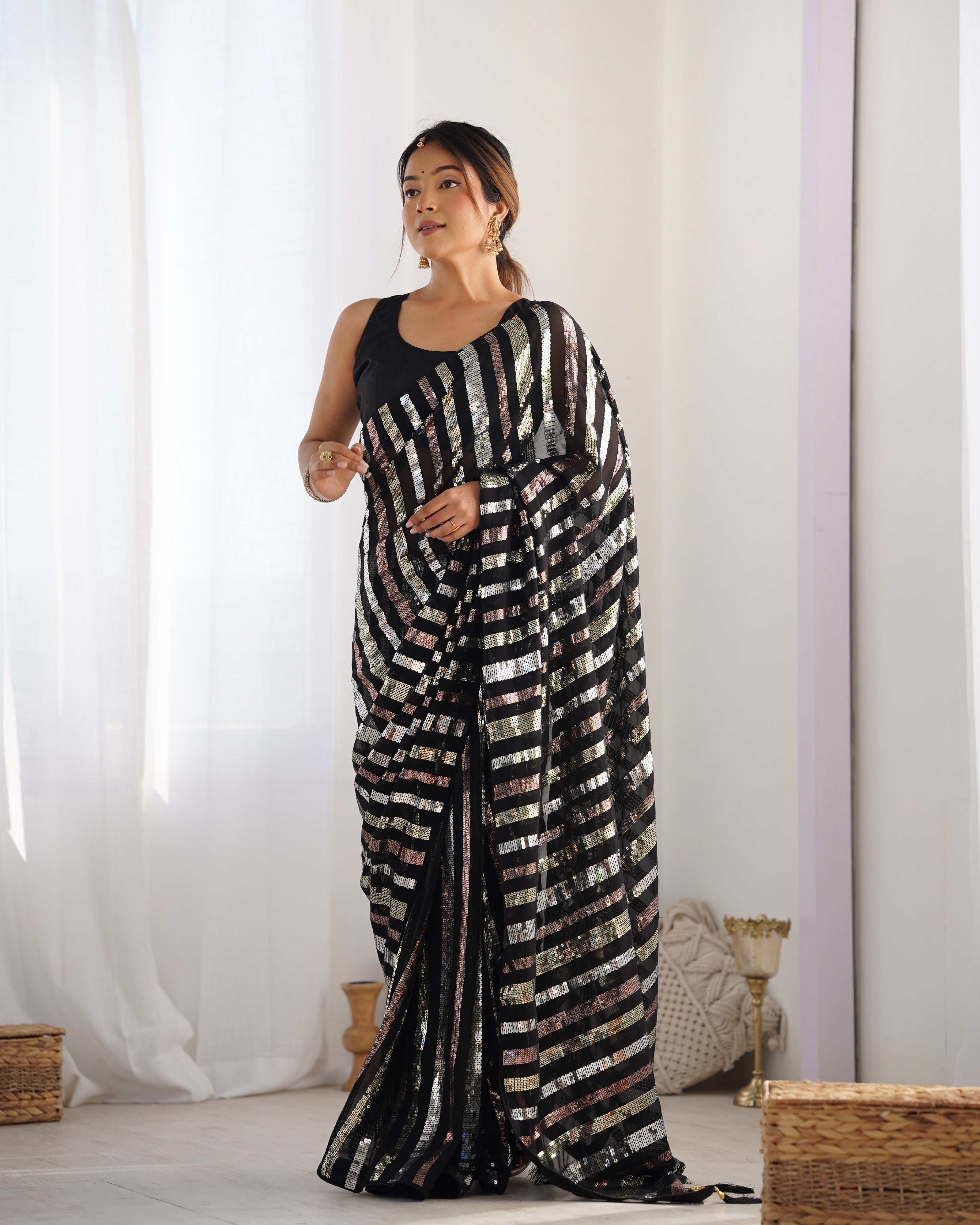 Black Georgette Fabric Glamorous Bollywood Party Sequins Saree