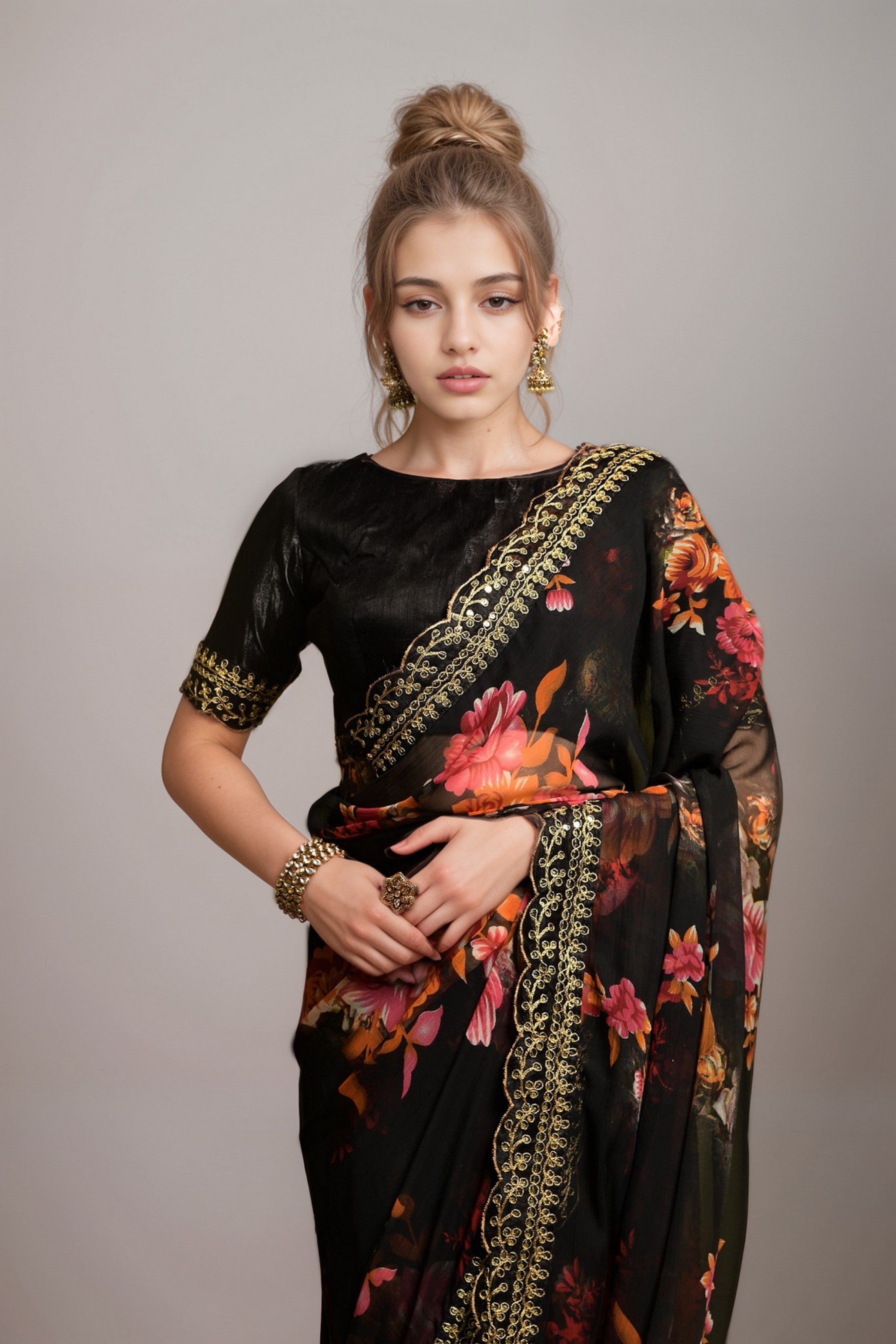 Black Georgette Floral Printed With Embroidered Border Saree