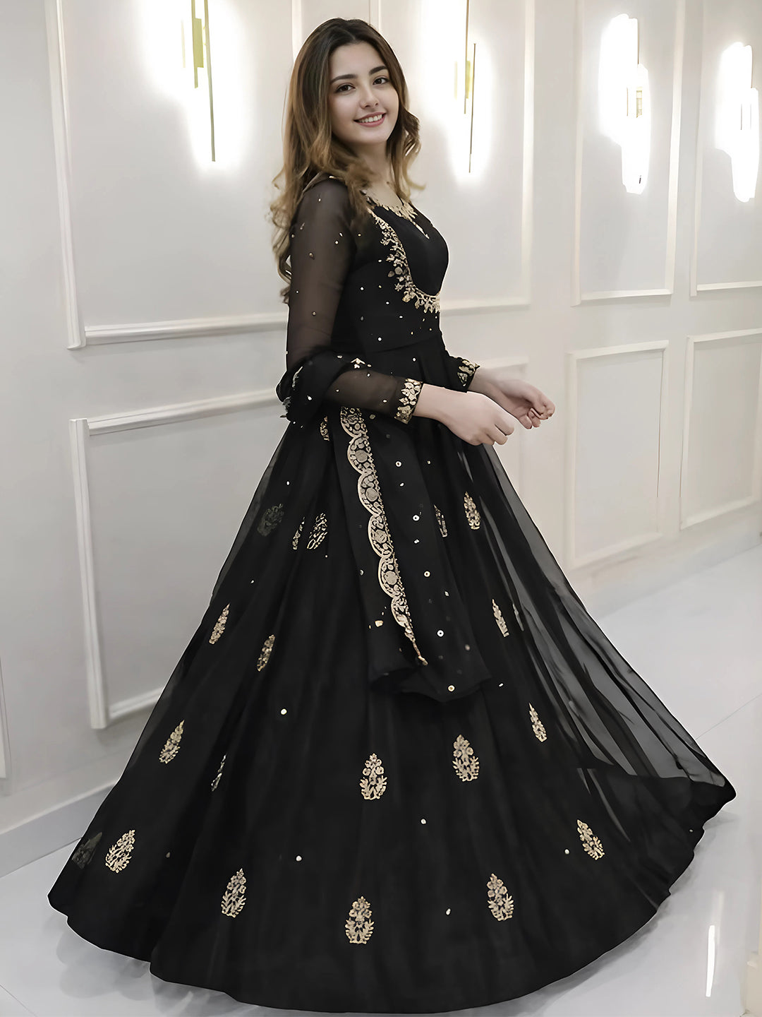 Black Georgette Kurta Pant Set With Heavy Thread Embroidery Sequins Work
