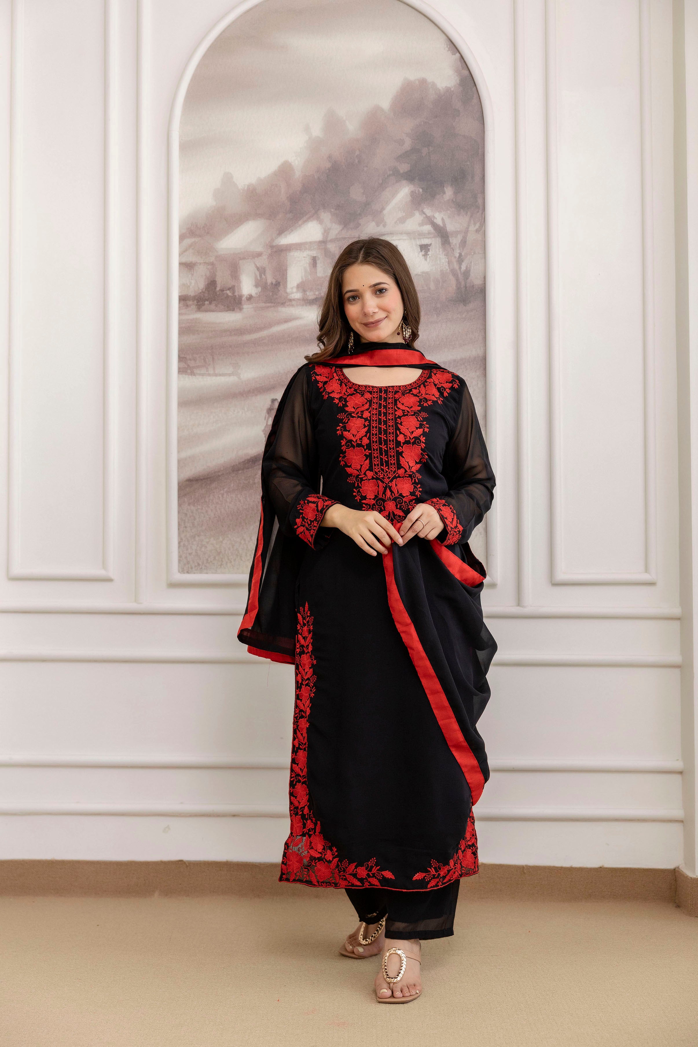 Black Georgette Kurta Pant Set With Heavy Thread Embroidery Work