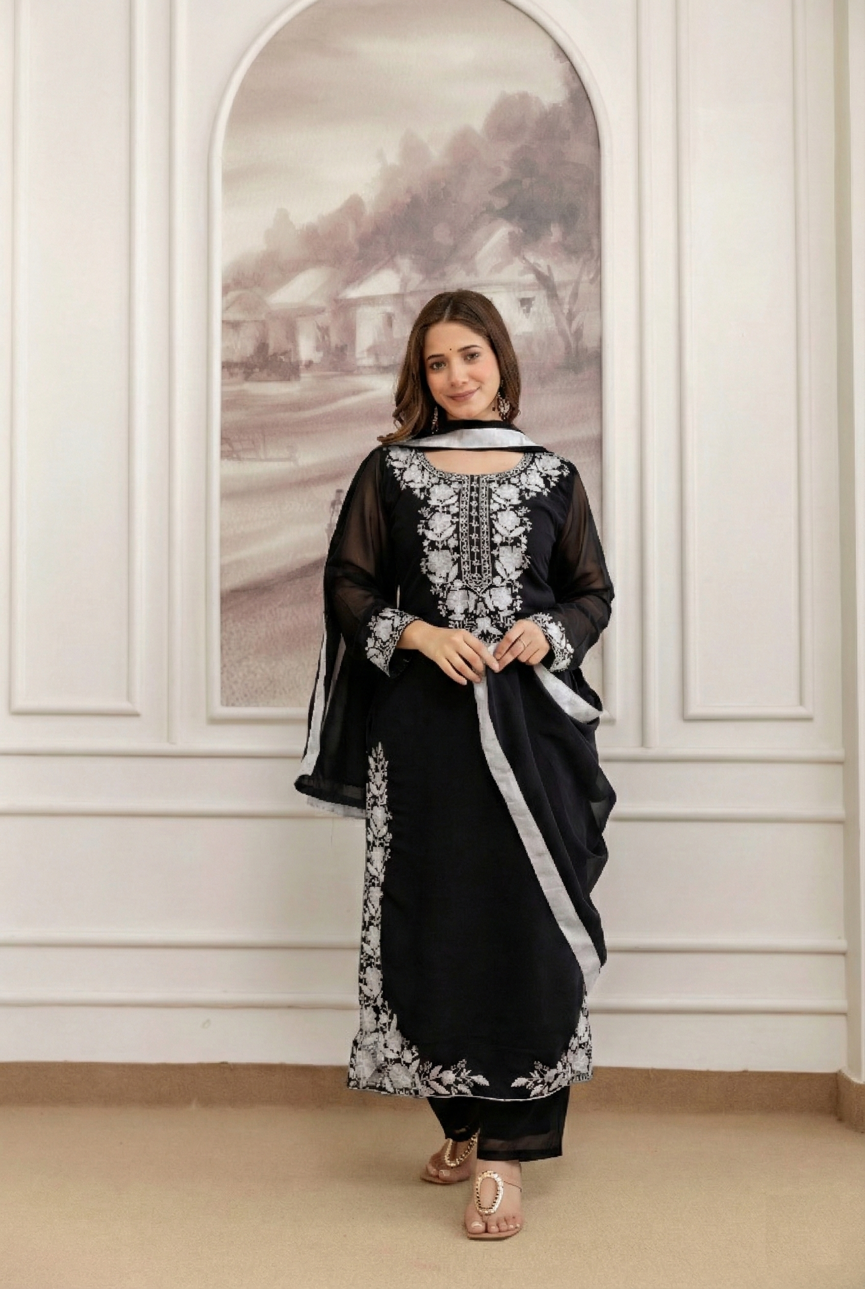 Black Georgette Kurta Pant Set With Heavy Thread Embroidery Work