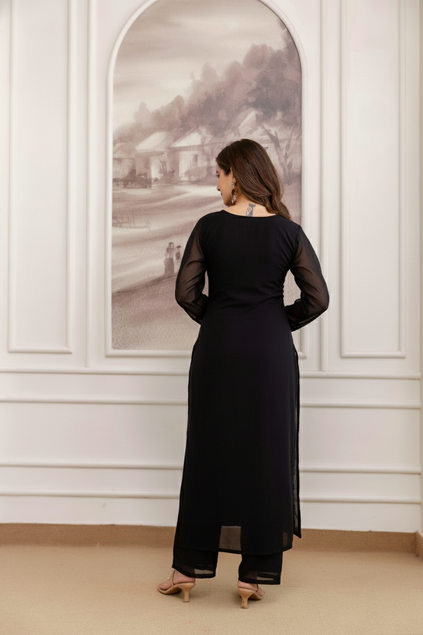 Black Georgette Kurta Pant Set With Heavy Thread Embroidery Work