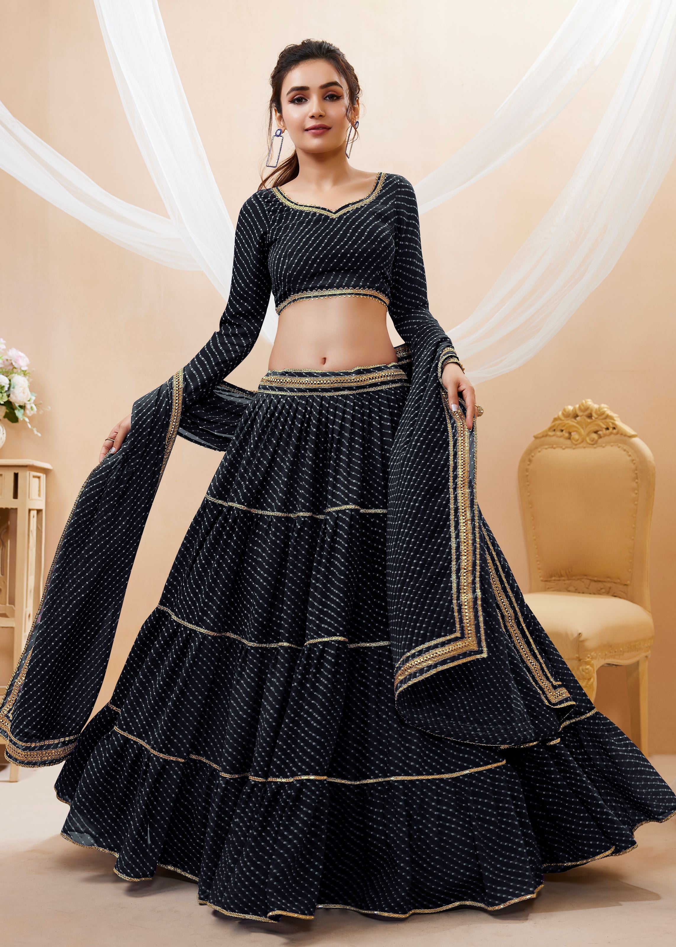 Black Georgette Lehenga Choli With Georgette Leheriya Printed with lace all over work