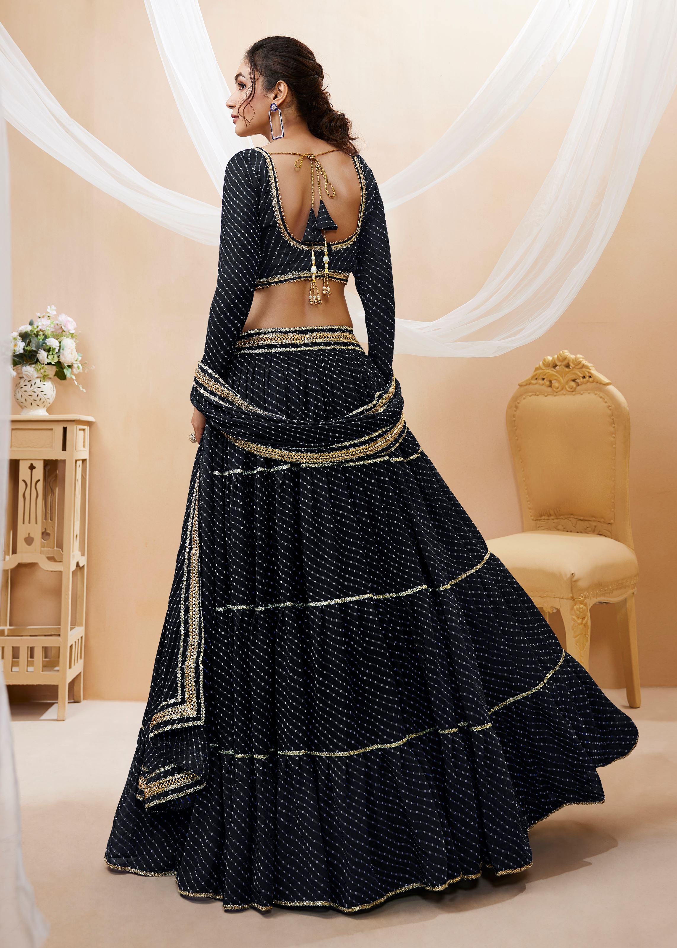 Black Georgette Lehenga Choli With Georgette Leheriya Printed with lace all over work