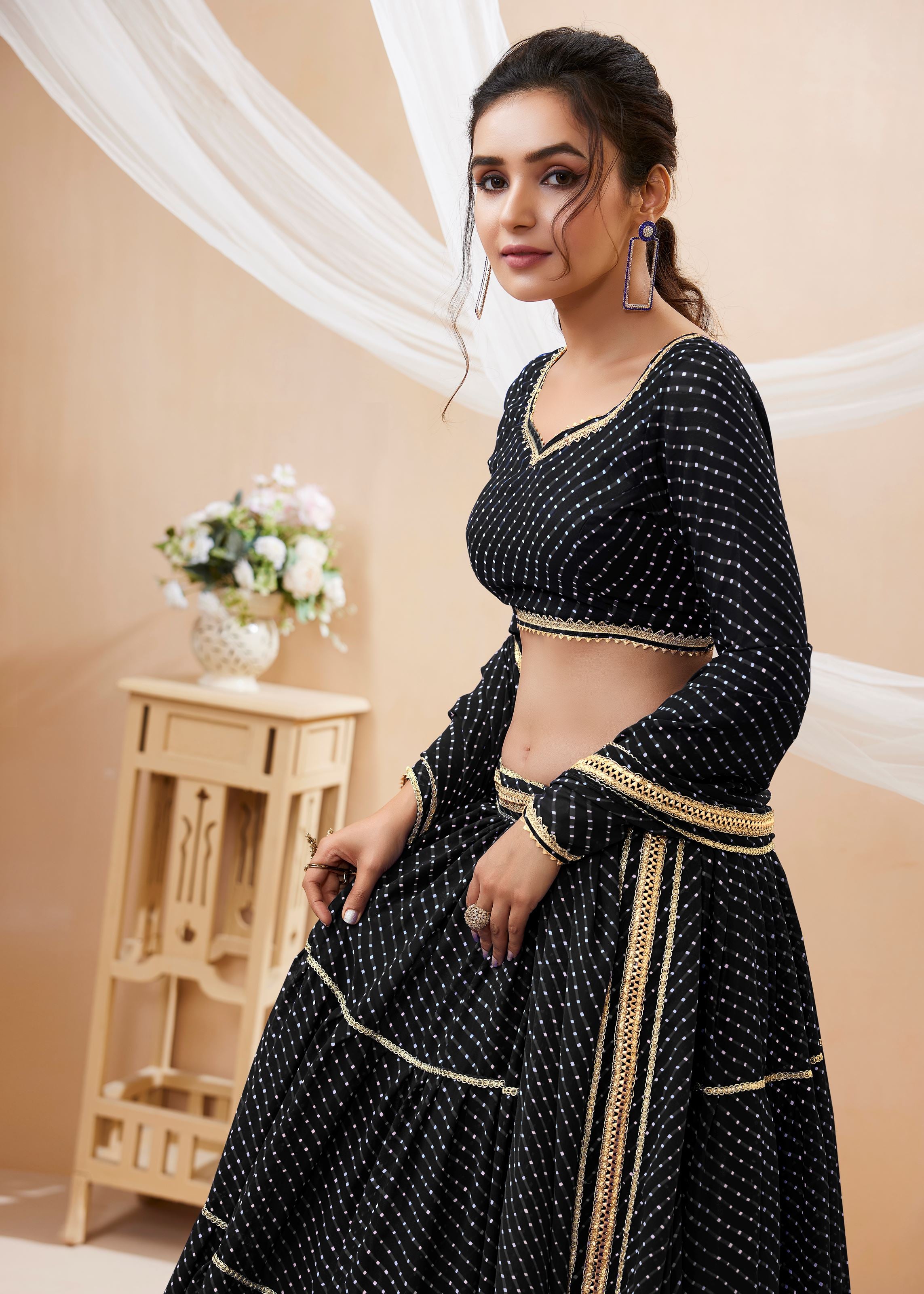 Black Georgette Lehenga Choli With Georgette Leheriya Printed with lace all over work