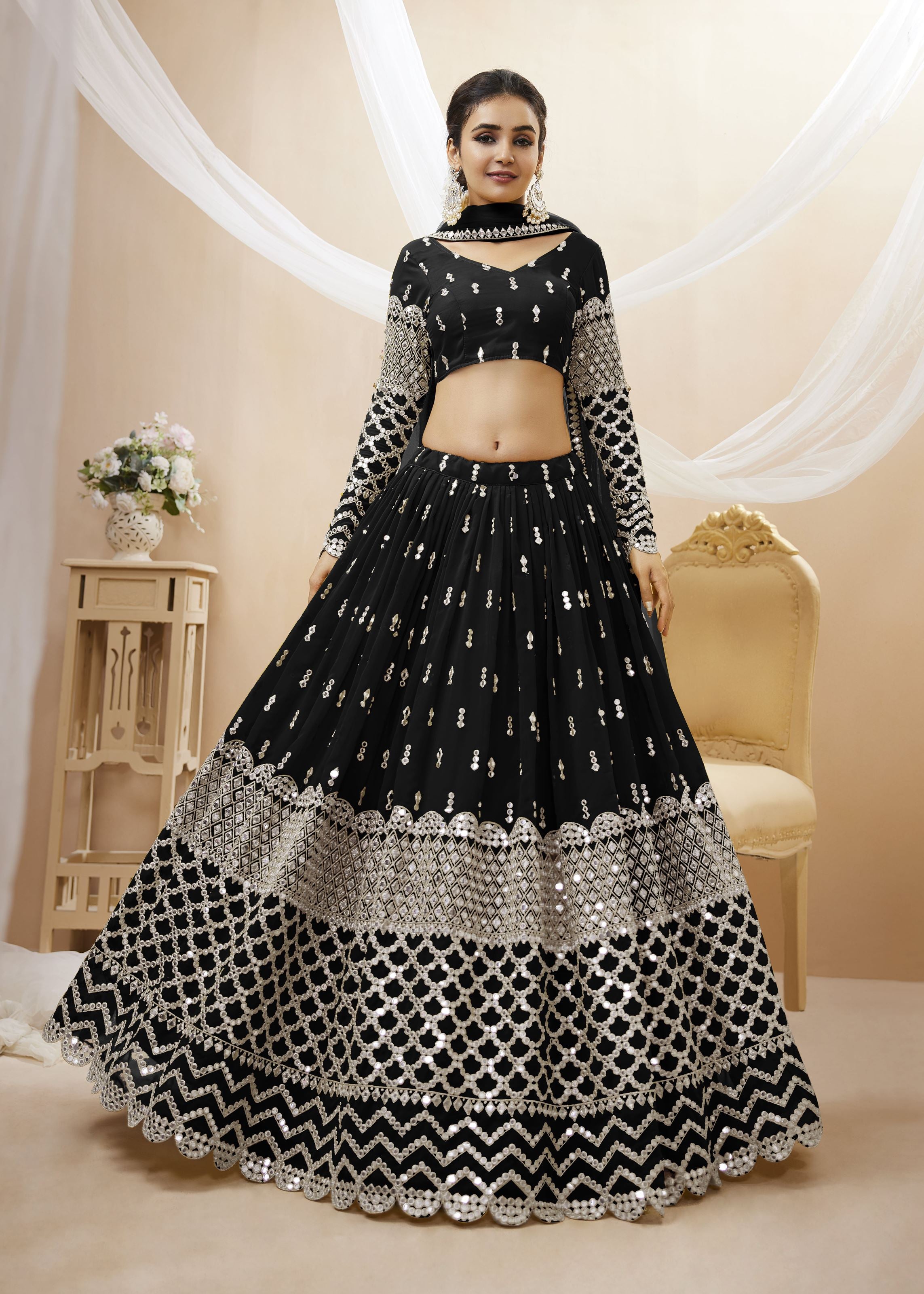 Black Georgette Lehenga Choli With Sequins Zari Embroidered Work