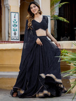 Black Georgette Lehenga Choli With Zari,Cording Lace work and Leheriya Print
