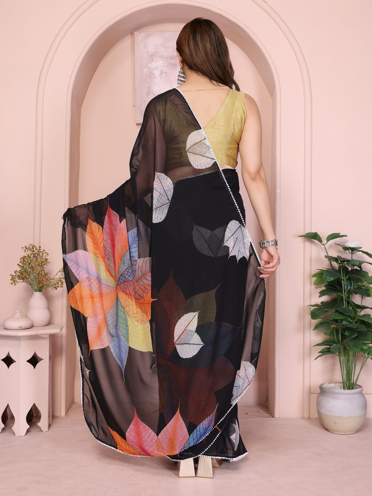 Black Georgette Ready-to-Wear Printed Saree with Lace