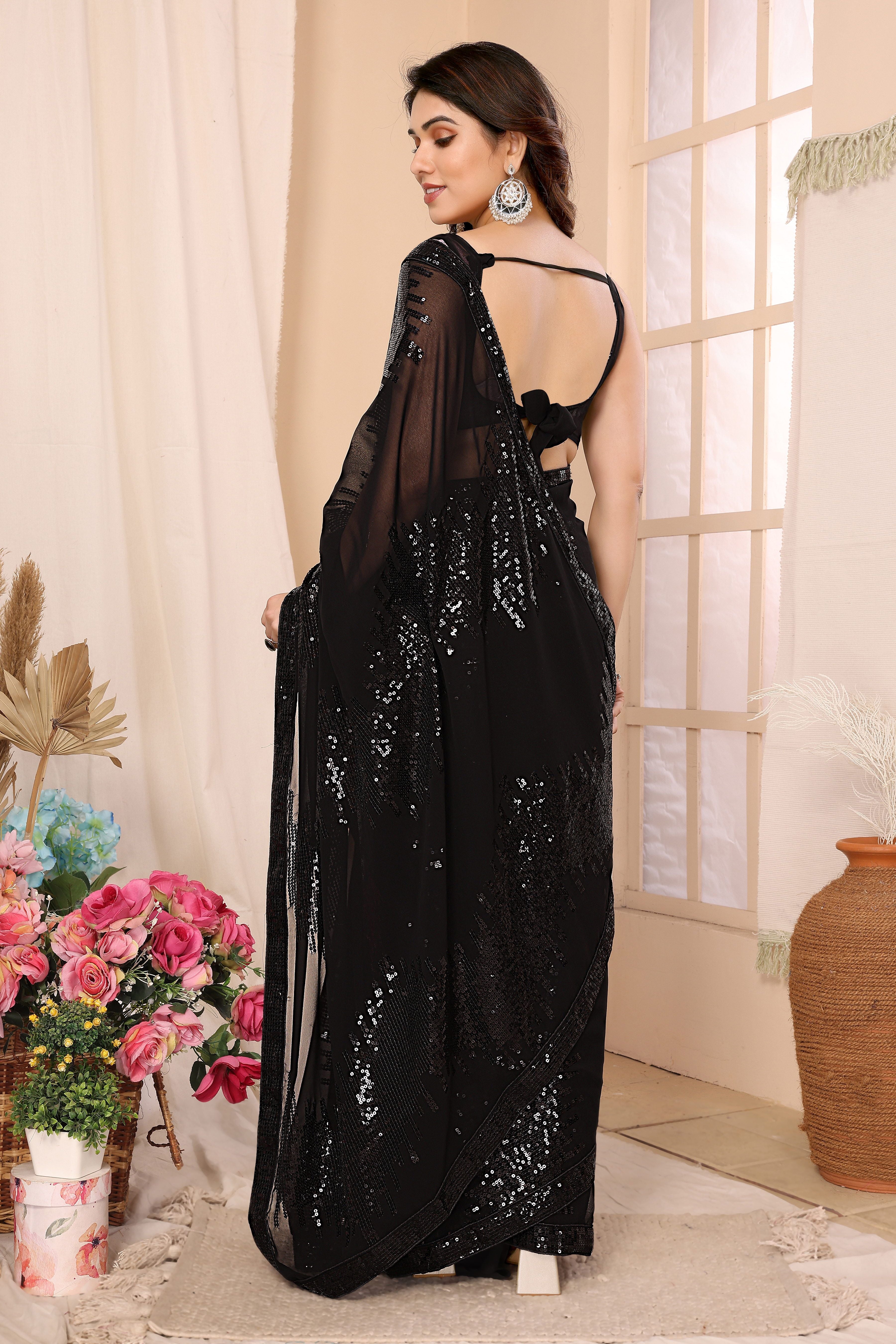 Black Georgette Ready To Wear Sequins Embroidered Saree
