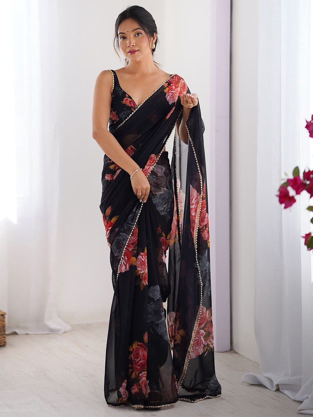 Black Georgette Saree With Digital Print And Moti Lace