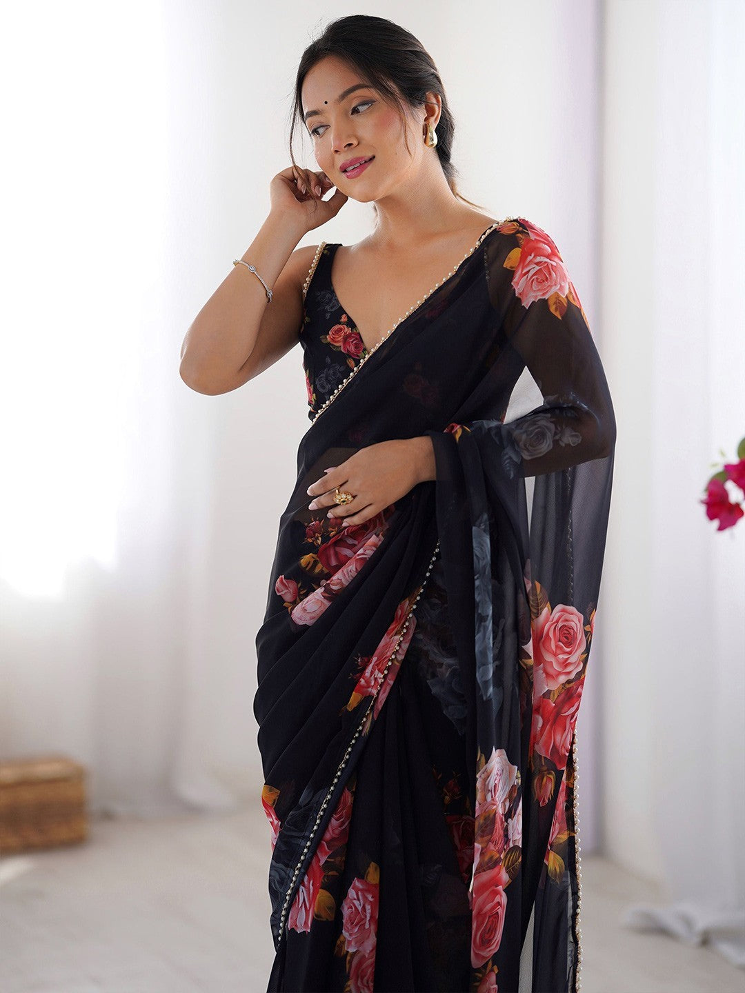 Black Georgette Saree With Digital Print And Moti Lace