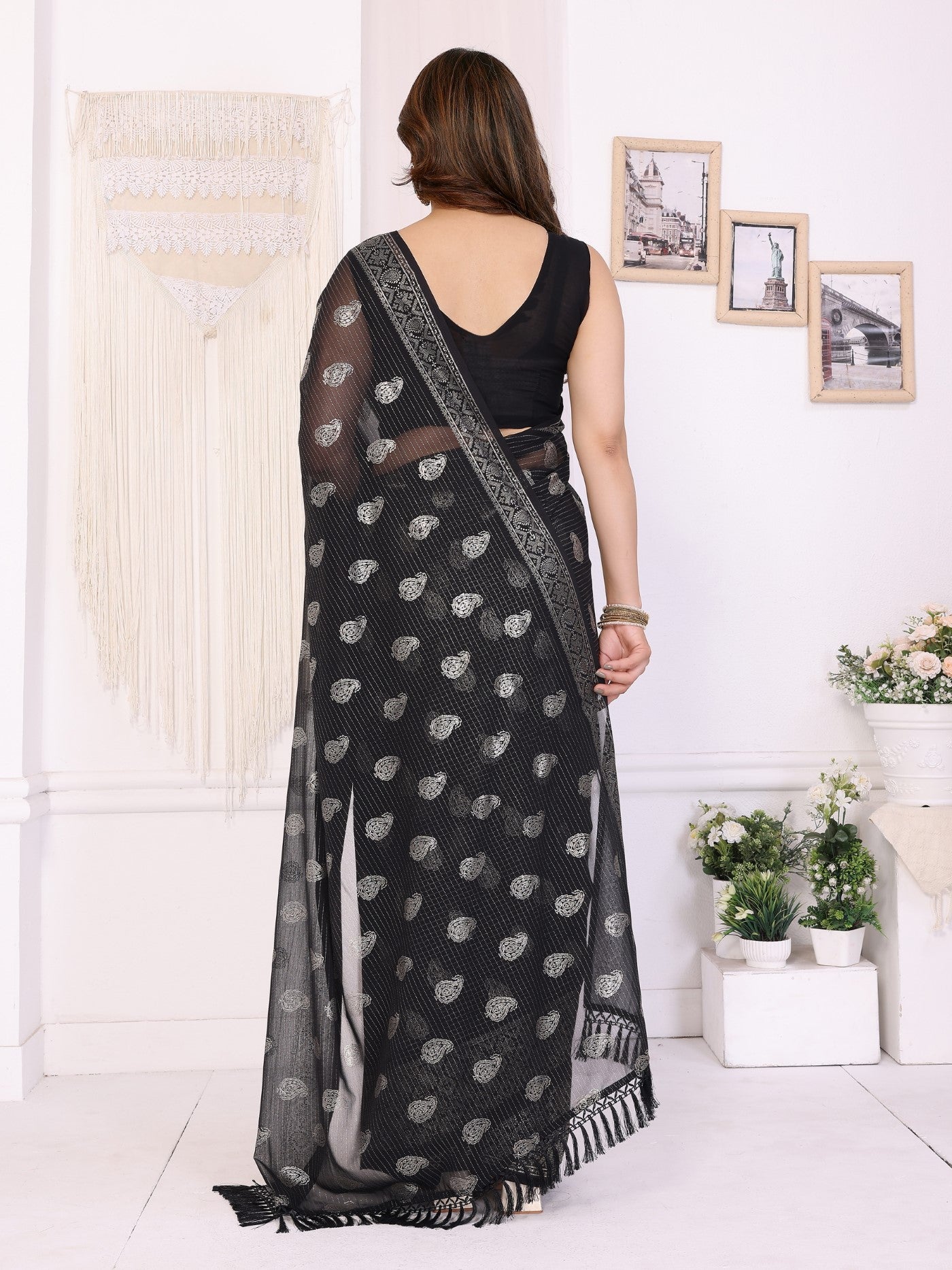 Black Georgette Saree With Foil Work And Designer Lace Border