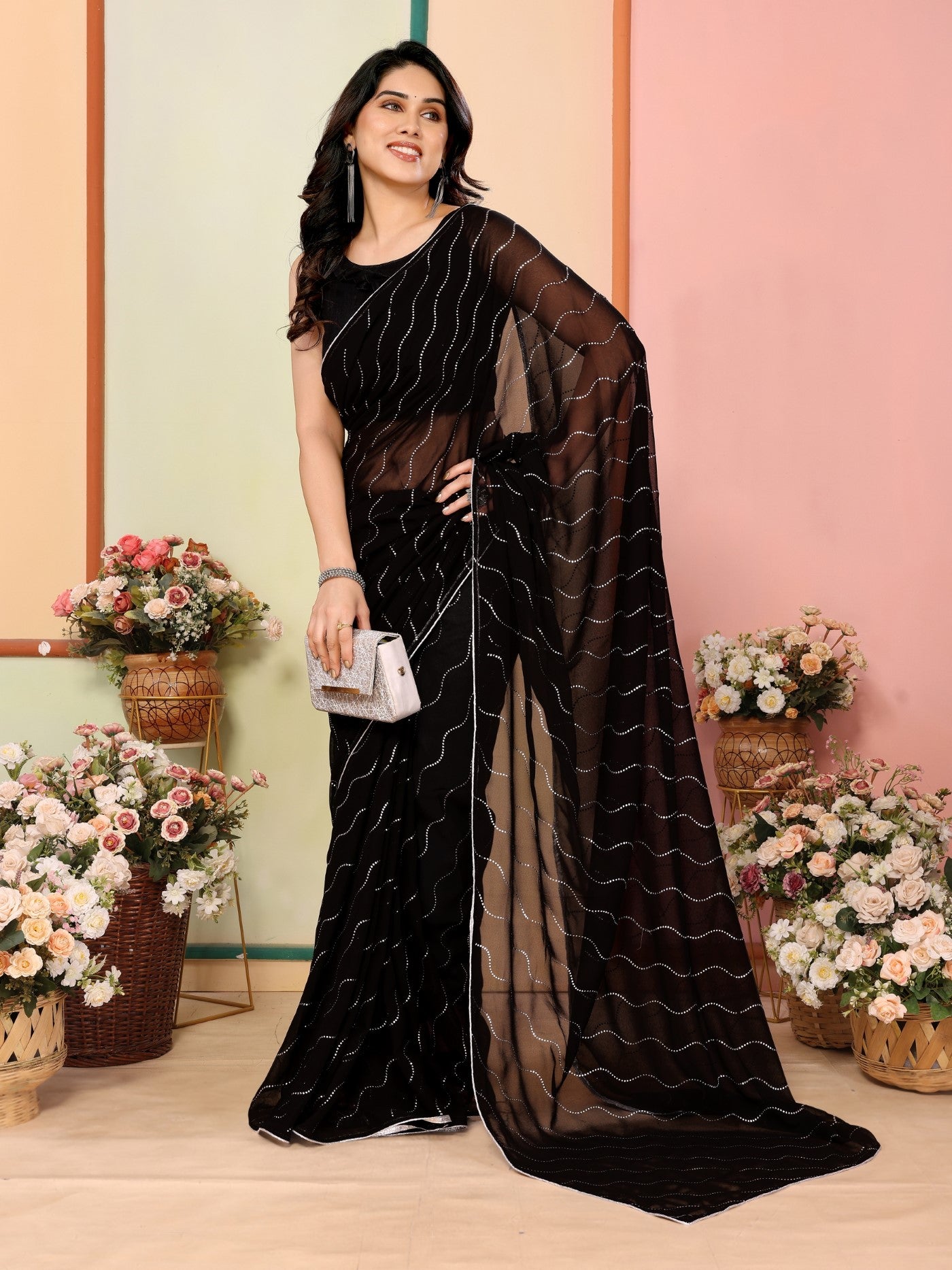 Black Georgette Saree With Mukesh Work Saree