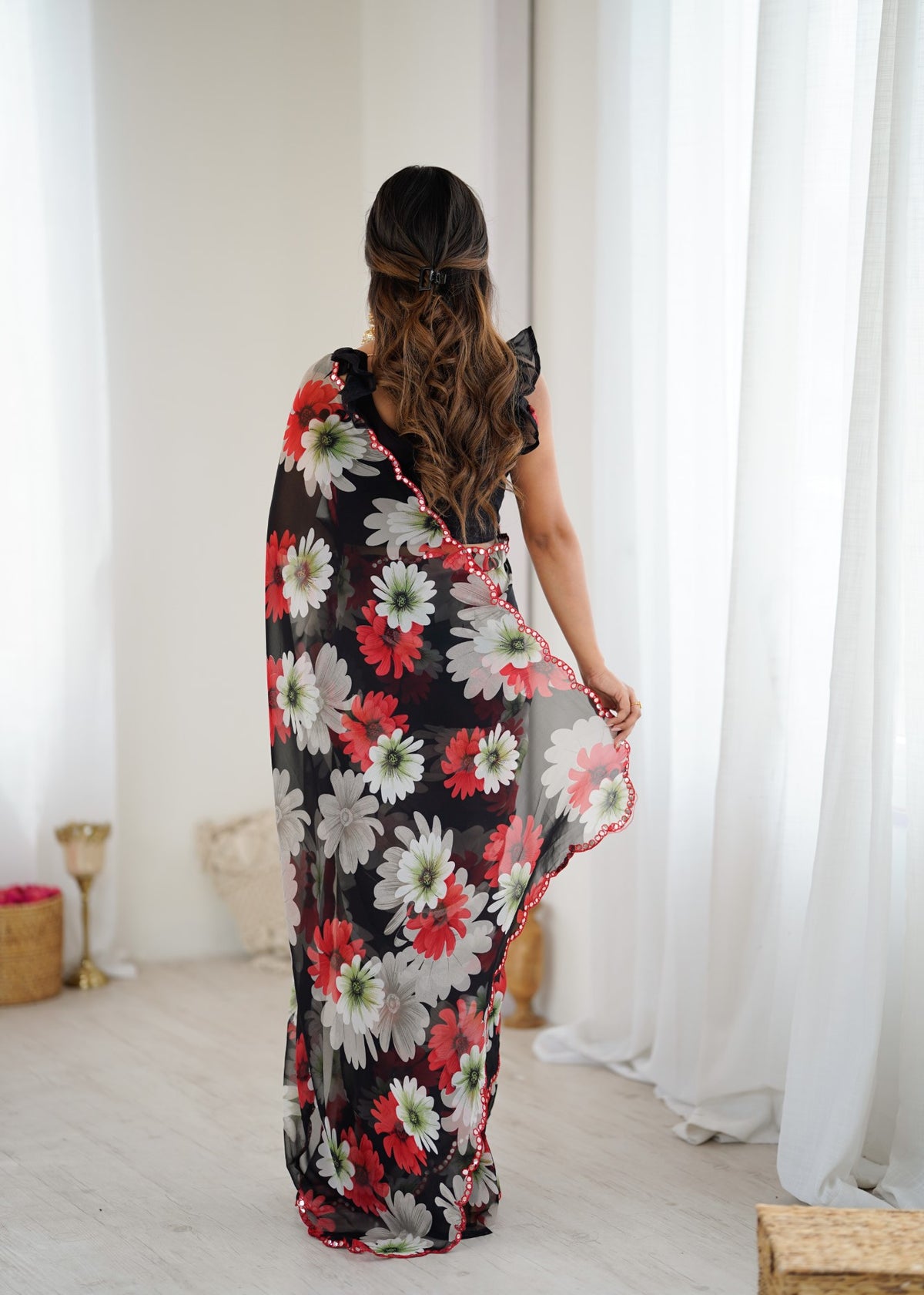 Black Georgette Saree With Printed Design And Mirror Work