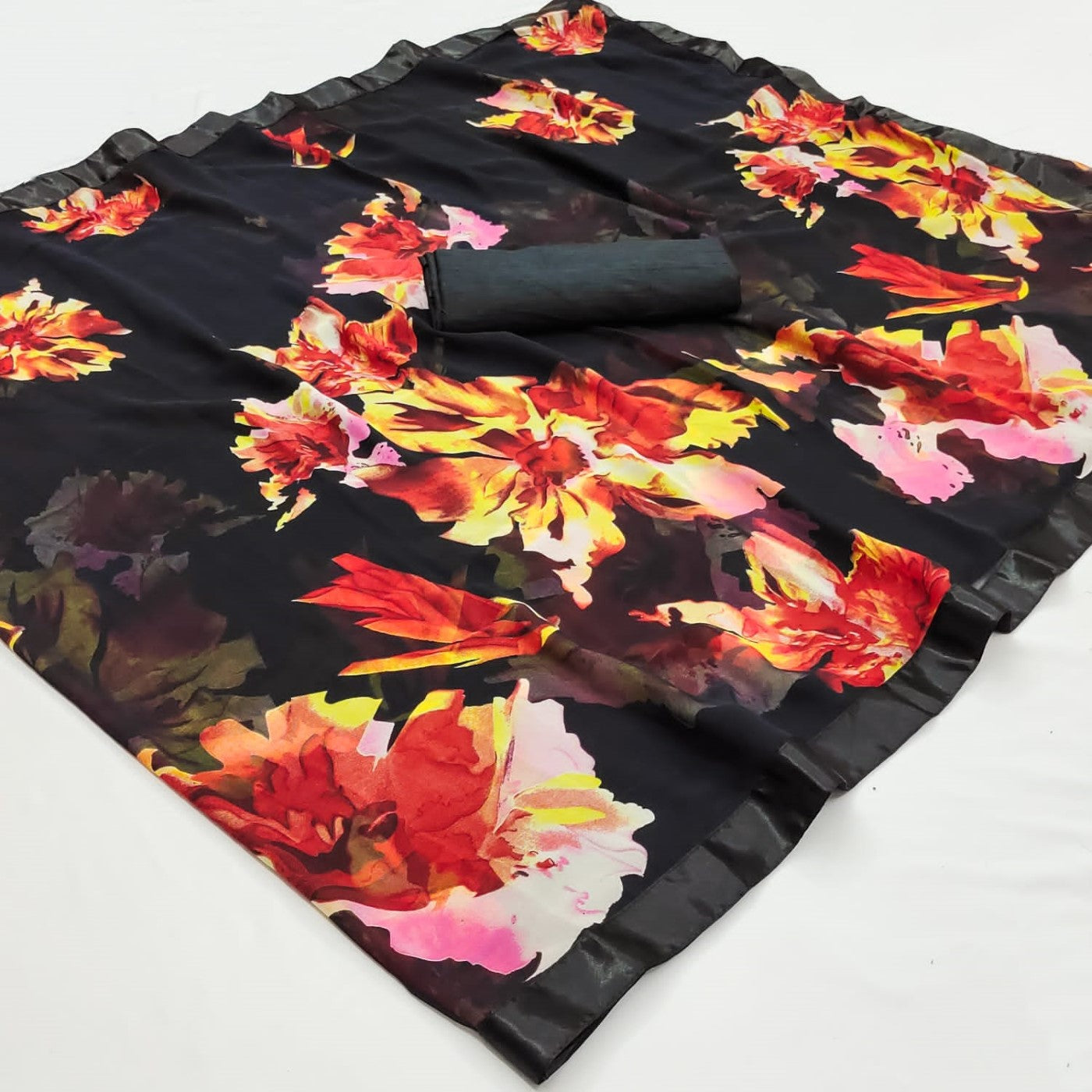 Black Georgette Saree With Printed Saree