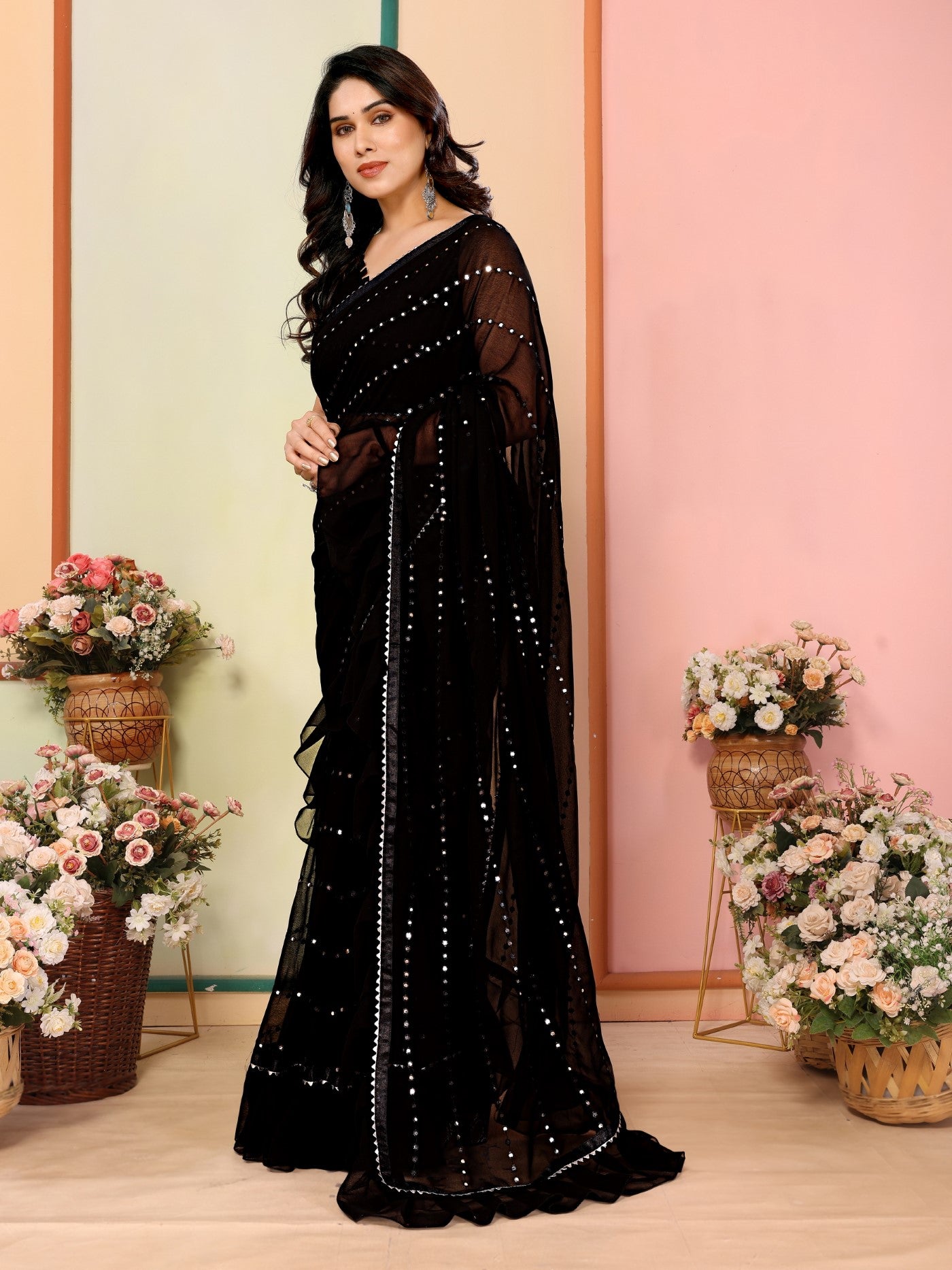 Black Georgette Saree With Ruffle Saree With Mirror Work With Mirror Work Blouse