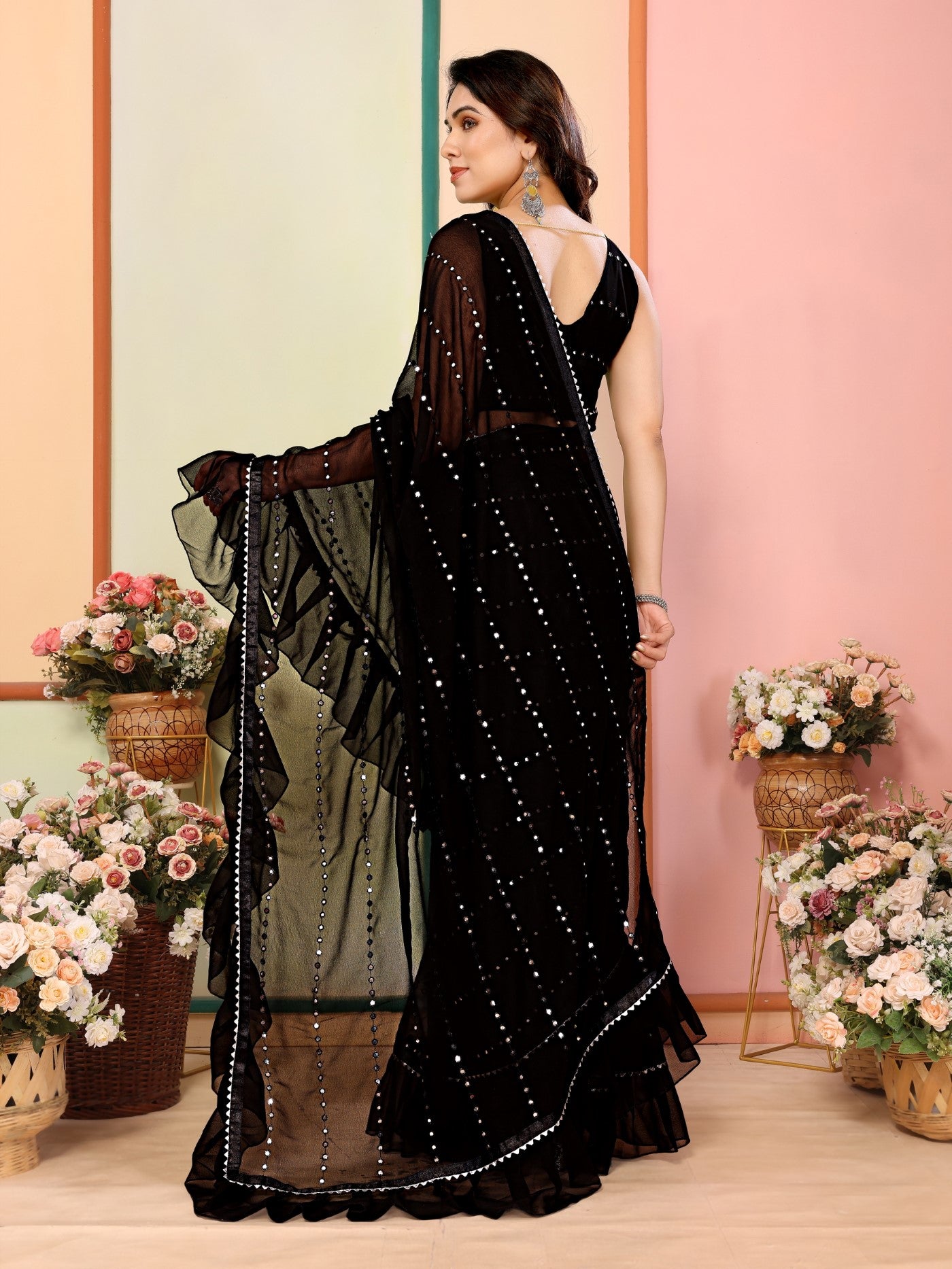 Black Georgette Saree With Ruffle Saree With Mirror Work With Mirror Work Blouse