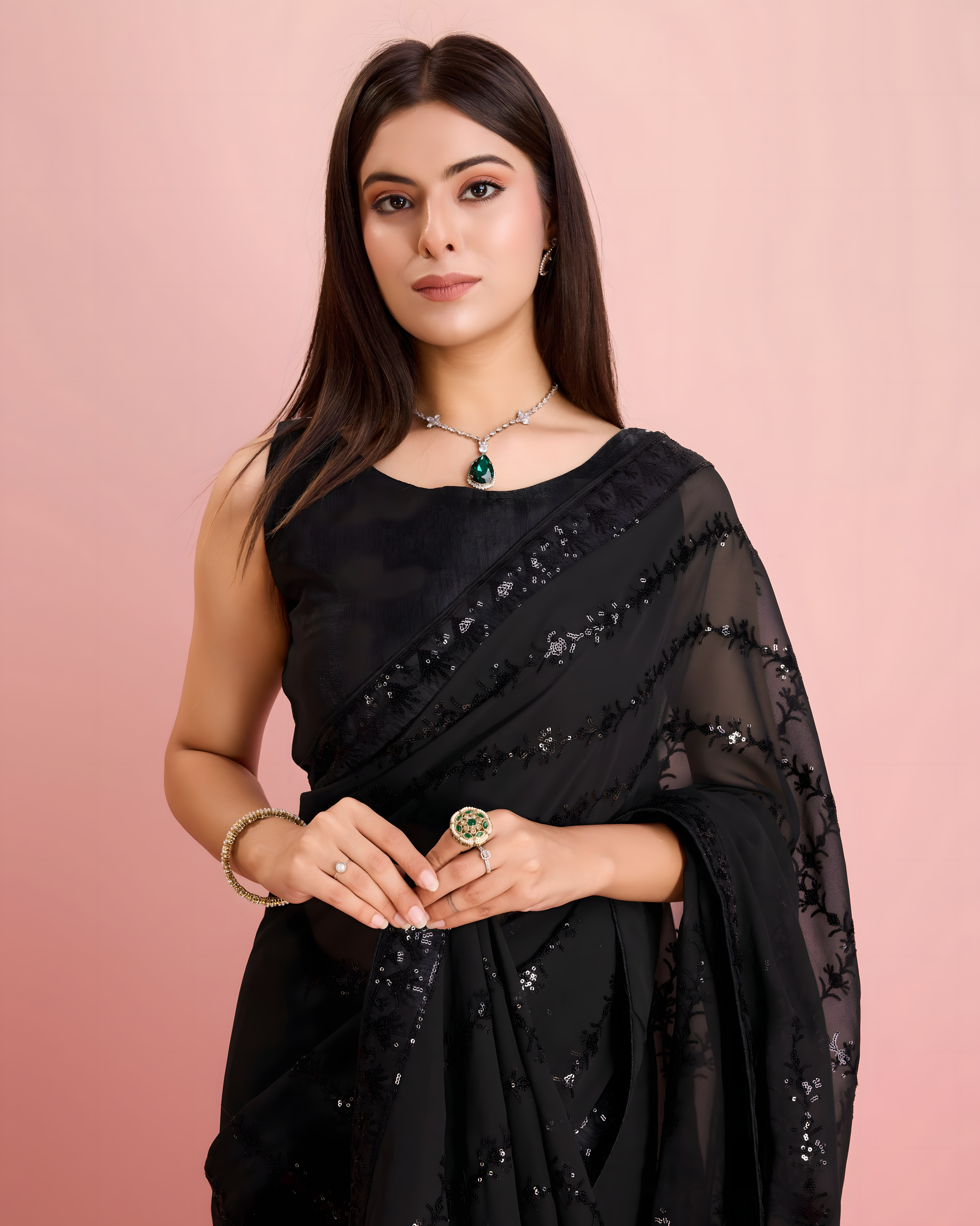 Black Georgette Saree with 3mm sequence with threads work  with lace border Work