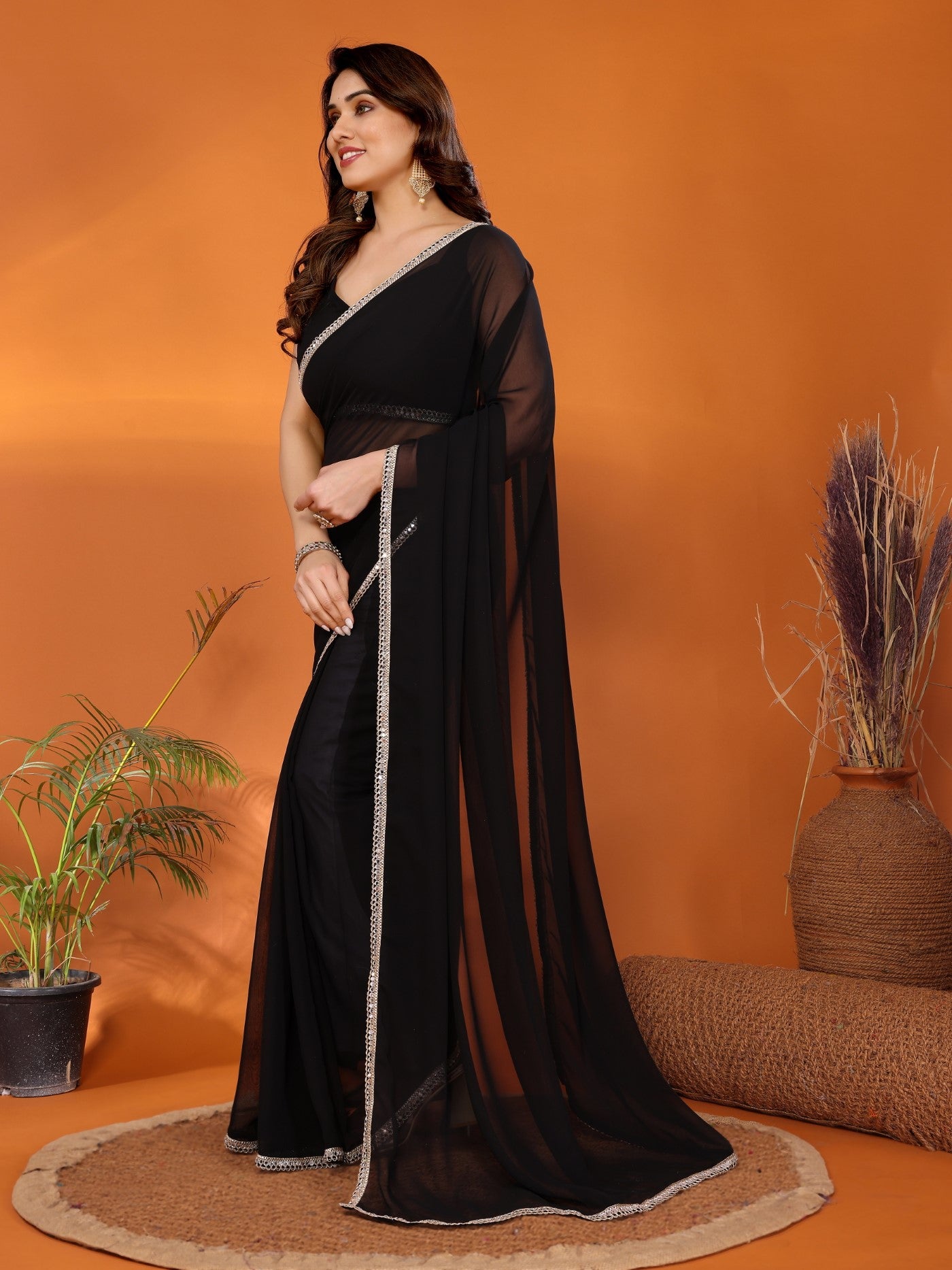 Black Georgette Saree with Mirror Border