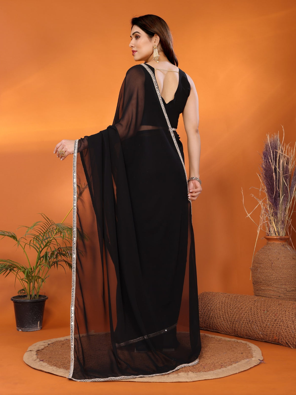 Black Georgette Saree with Mirror Border