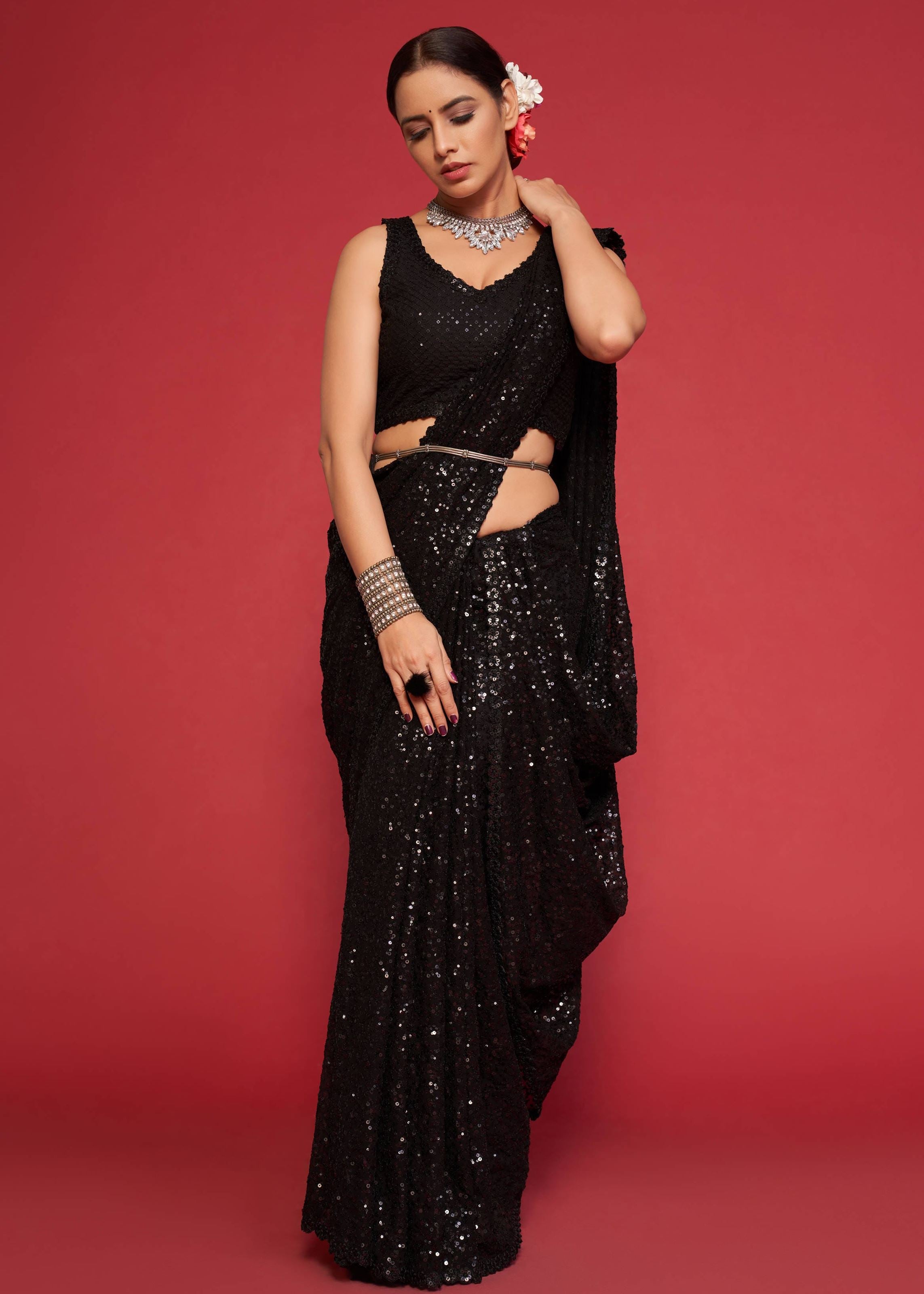 Black Georgette Saree with Thread Embroidery and Sequins Work