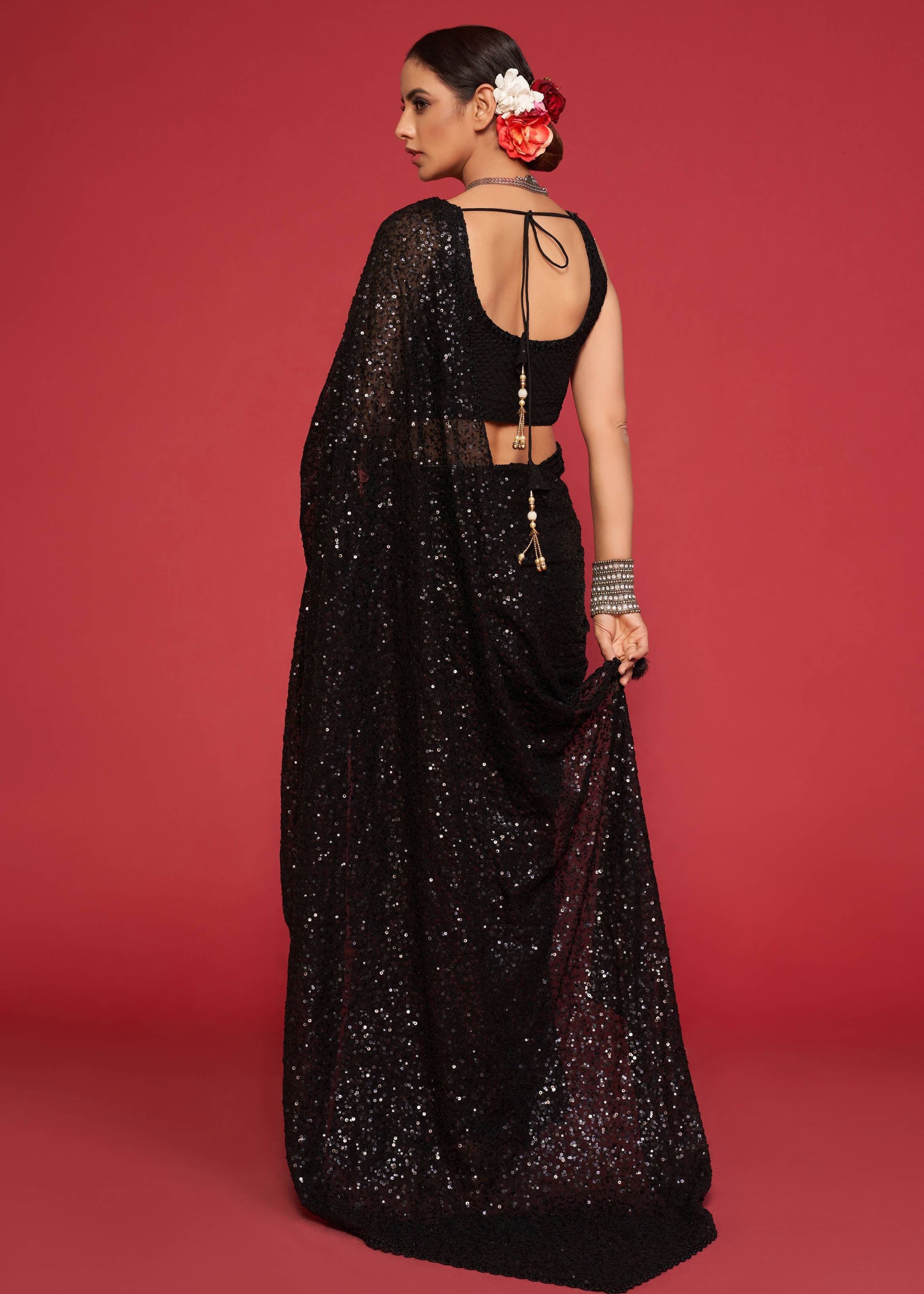 Black Georgette Saree with Thread Embroidery and Sequins Work