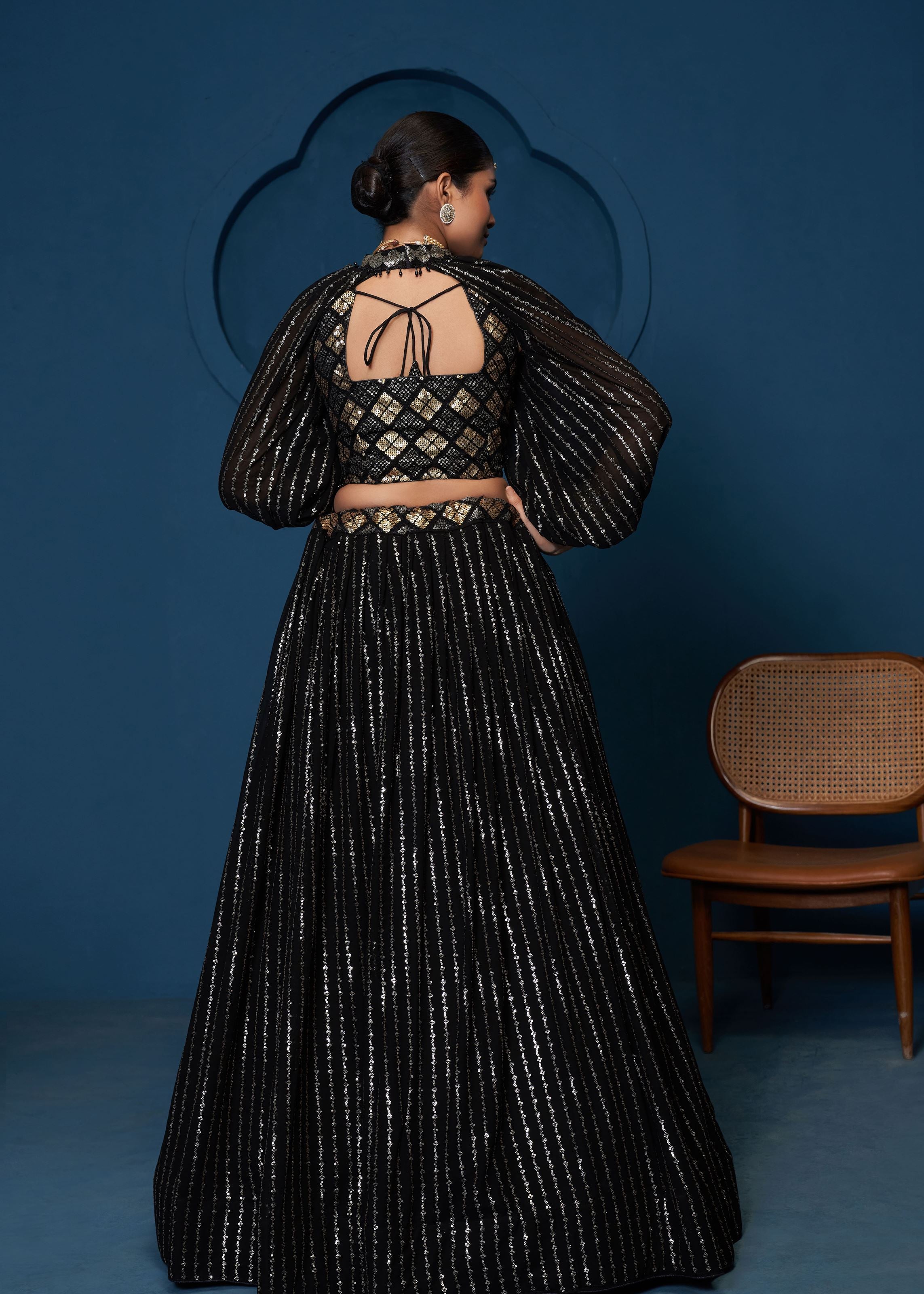 Black Georgette Sequence Embroidery Work Crop Top Choker Sleeves Lehenga Choli