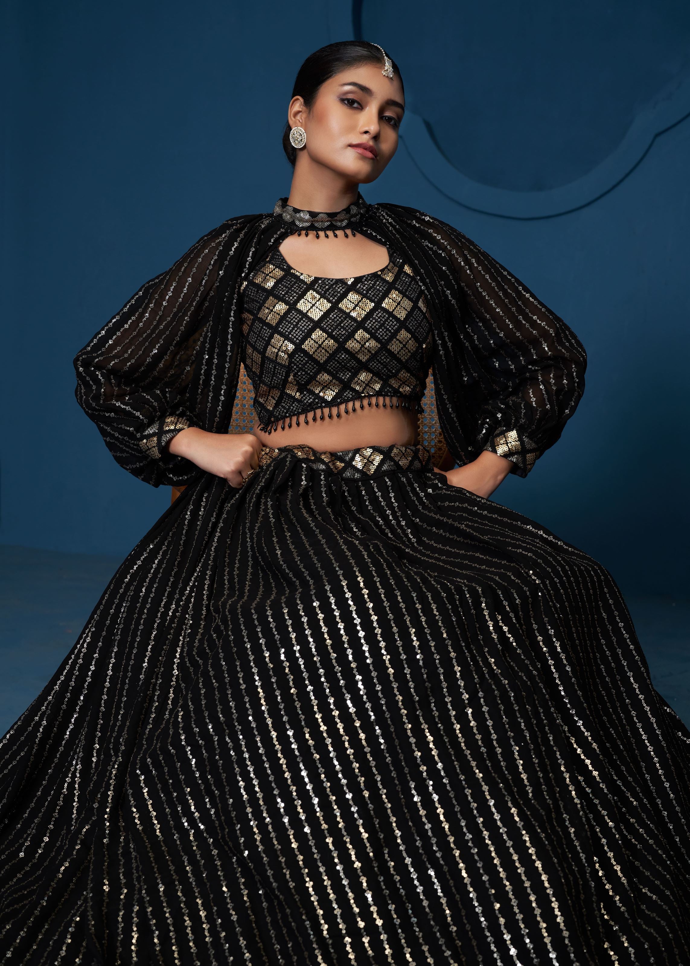 Black Georgette Sequence Embroidery Work Crop Top Choker Sleeves Lehenga Choli