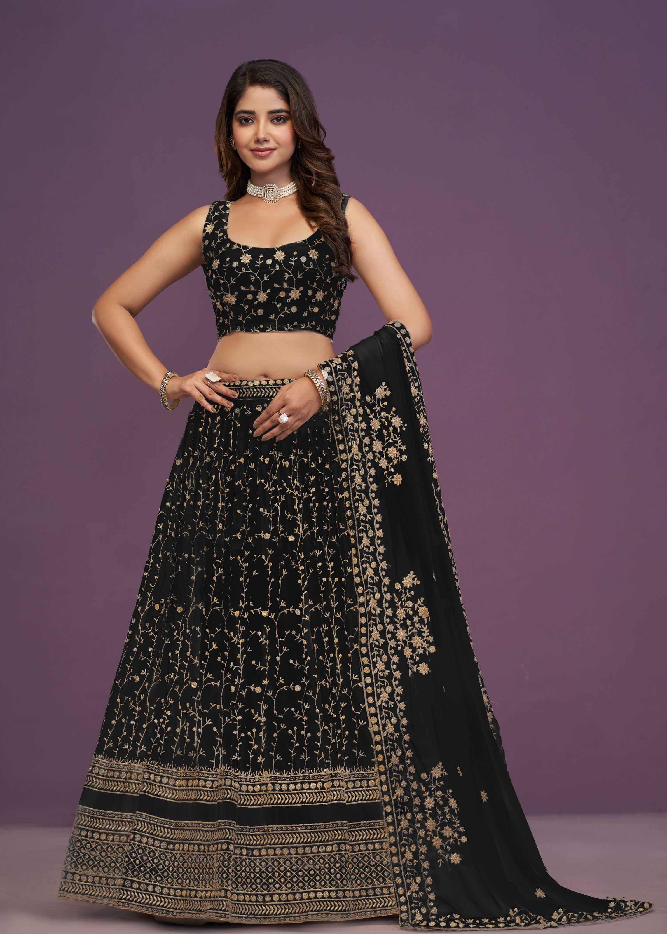 Black Georgette Zari Sequence Embroidery Work Lehenga Choli