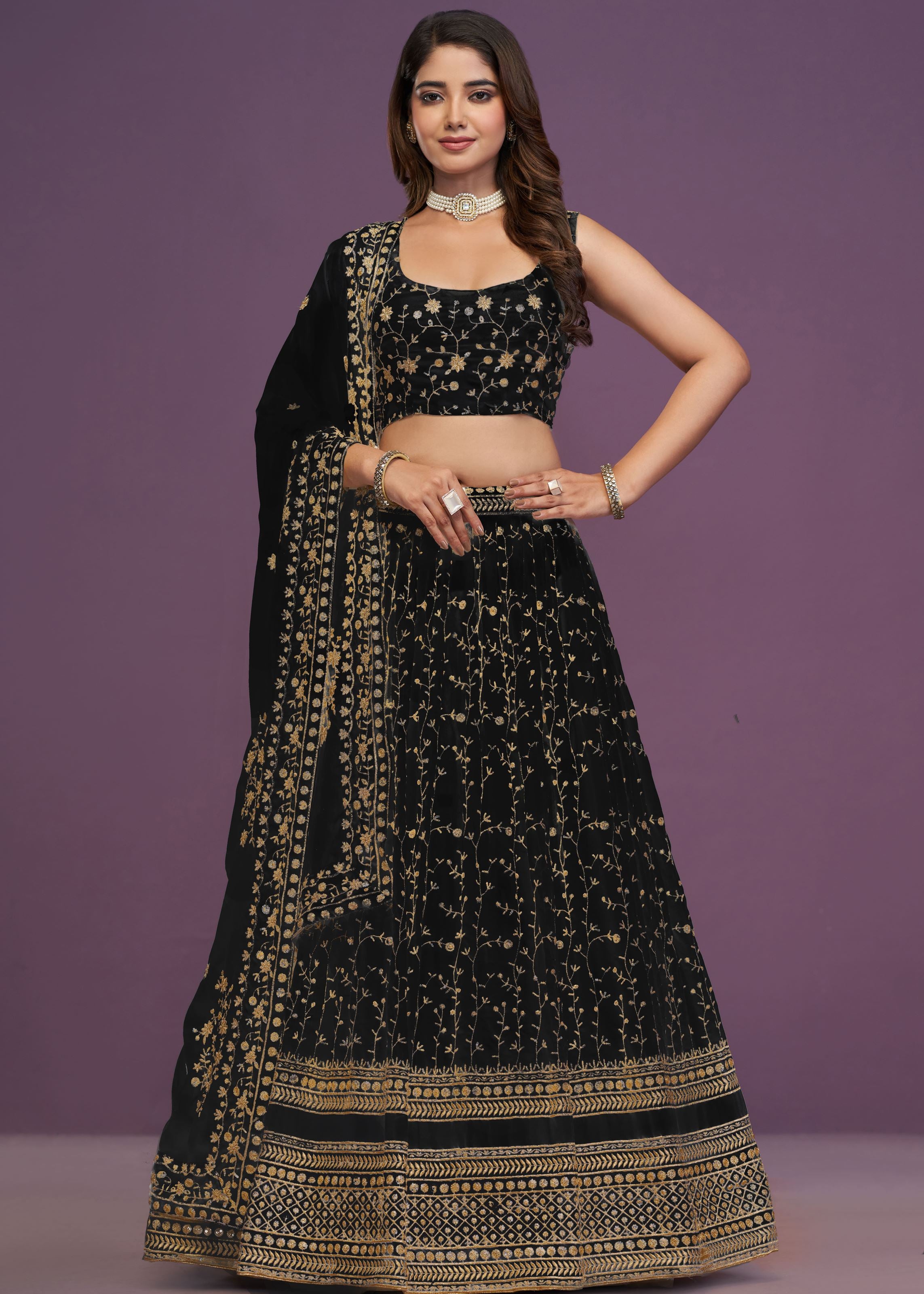 Black Georgette Zari Sequence Embroidery Work Lehenga Choli