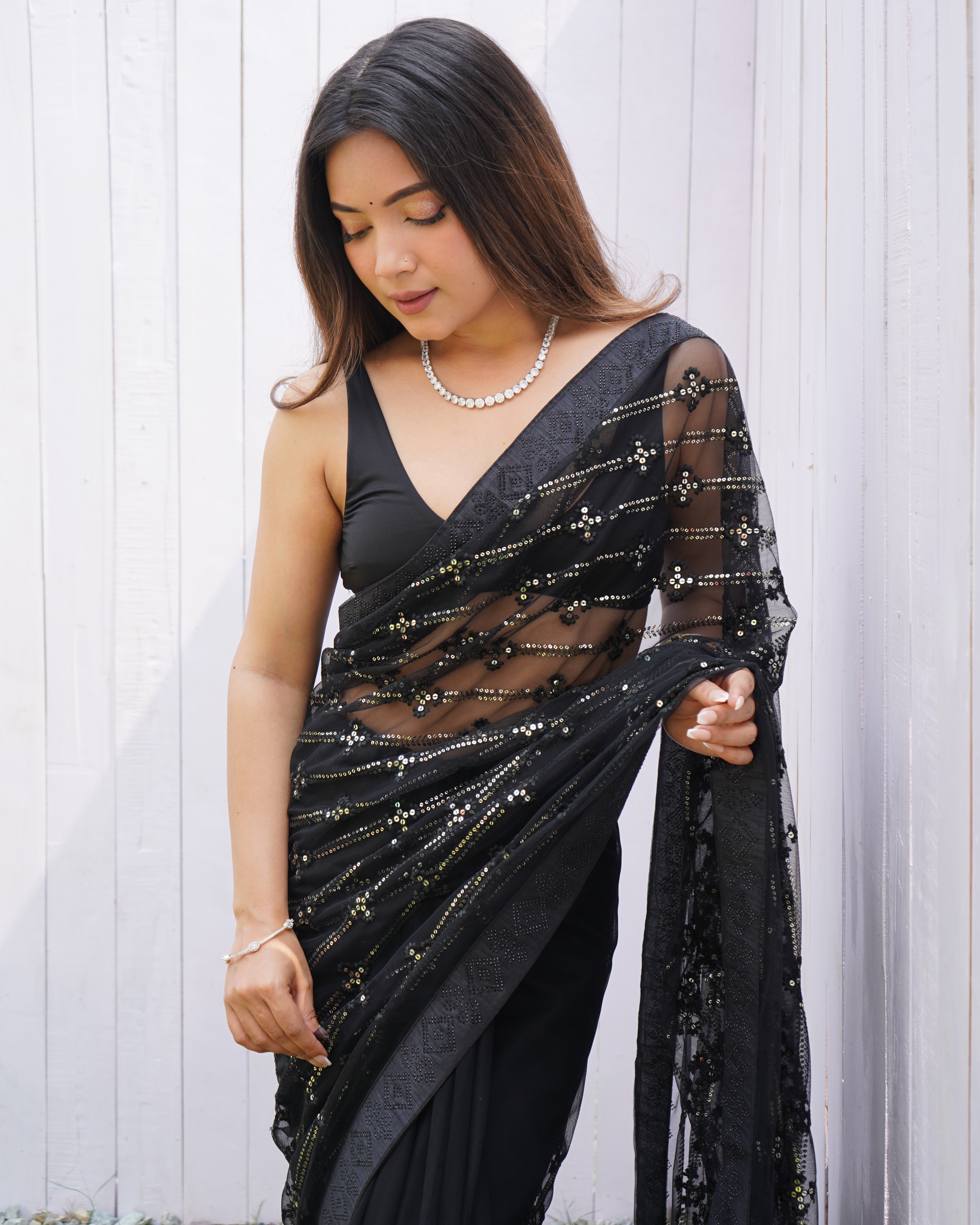 Black Graceful Butterfly Net Sequins Embroidery Saree With Diamond Work