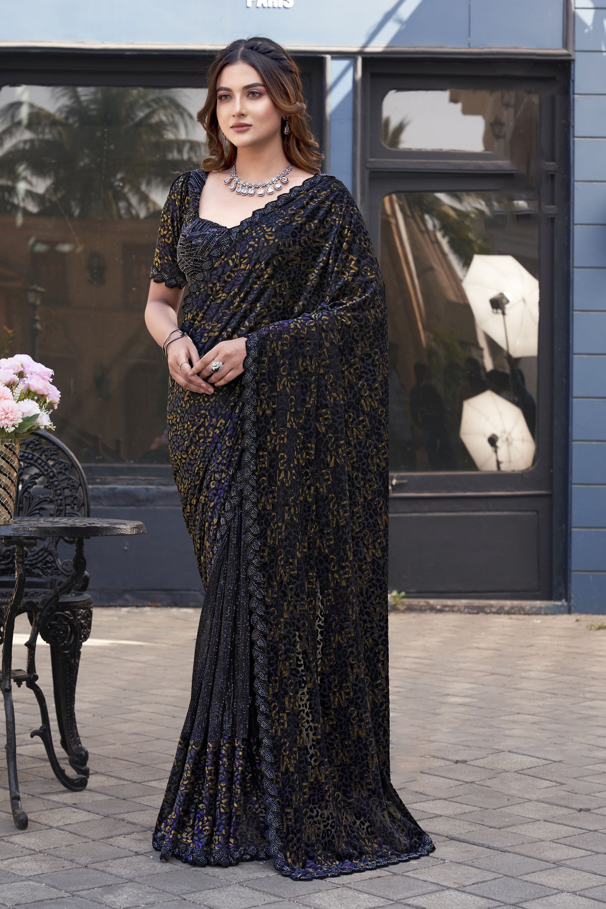 Black Gucci Velvet Designer Sequence Embroidery With Hand Beads Stone Work Wedding Season Saree