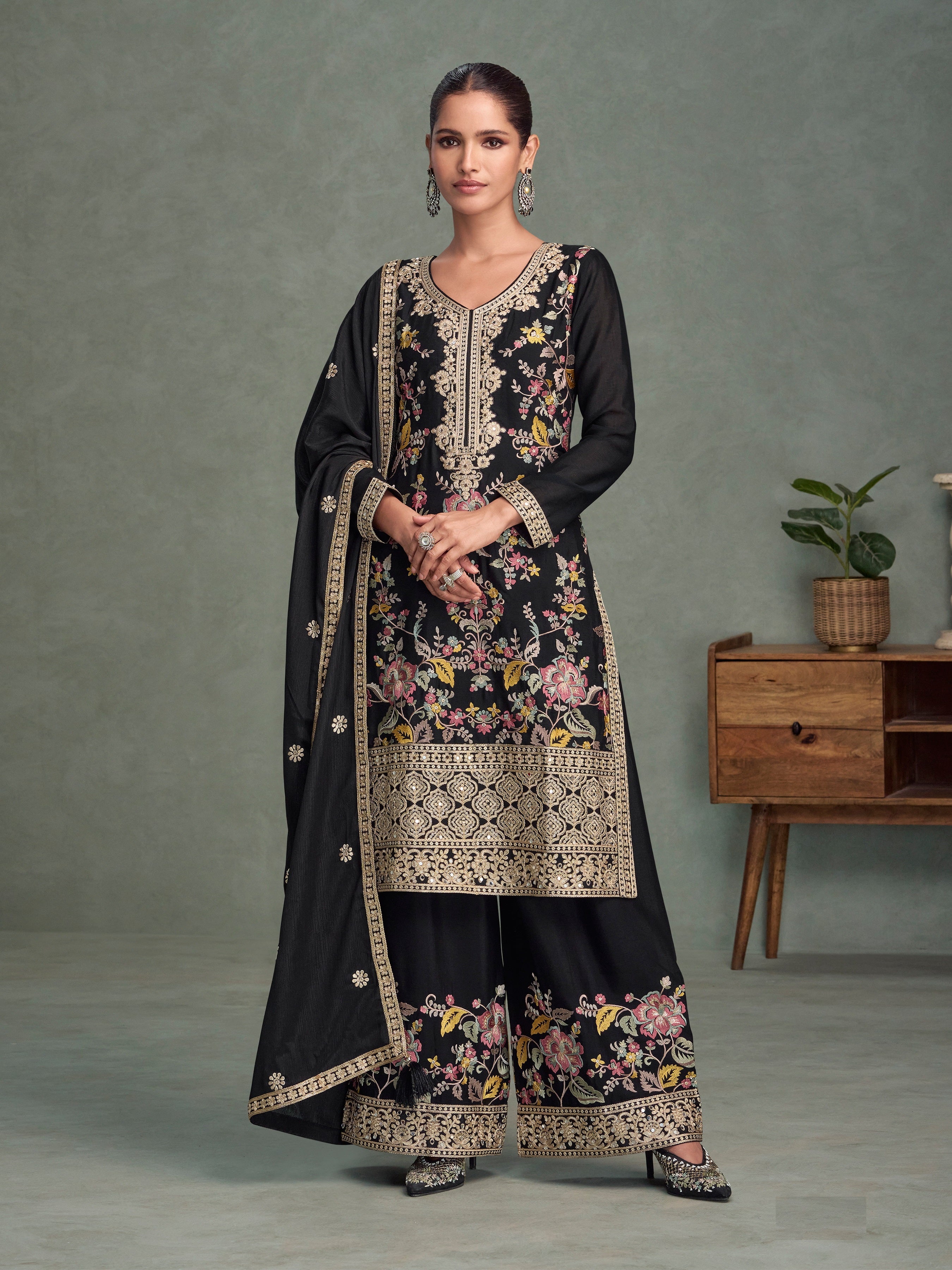 Black Heavy Designer Suit With Heavy Embroidery Work