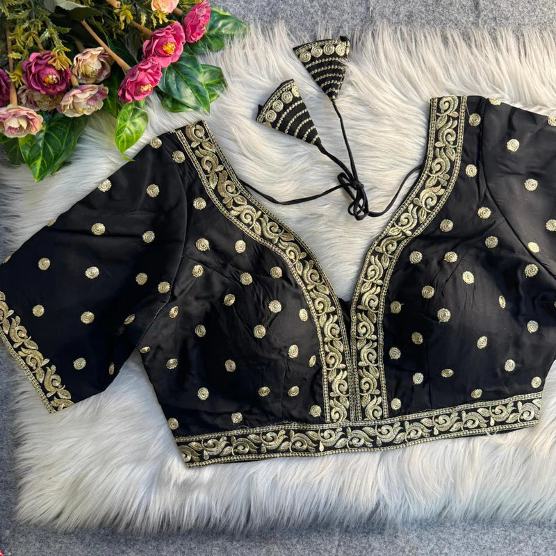 Black Heavy Embroidery Work Partywear Blouse in Roman Silk with Embroidery & Sequins