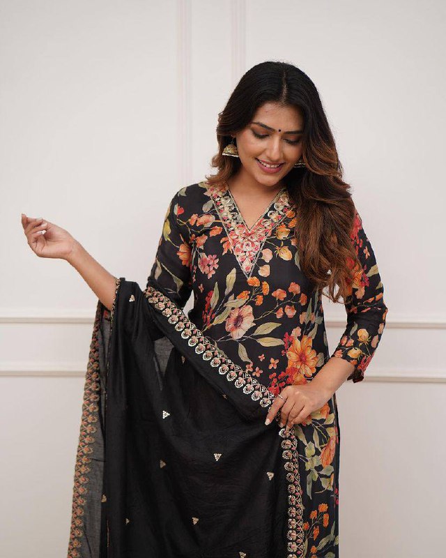 Black Kurta Pant Set With Print With Thread Embroidery Work