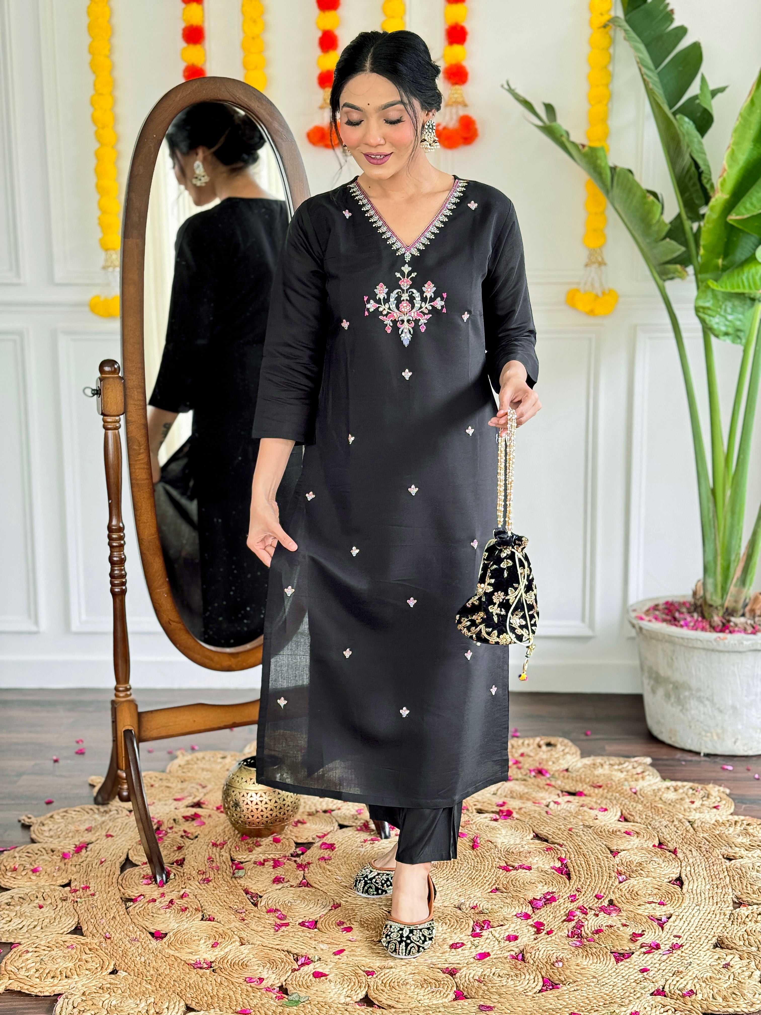 Black Kurta Pant Set with Heavy Thread Embroidery Work
