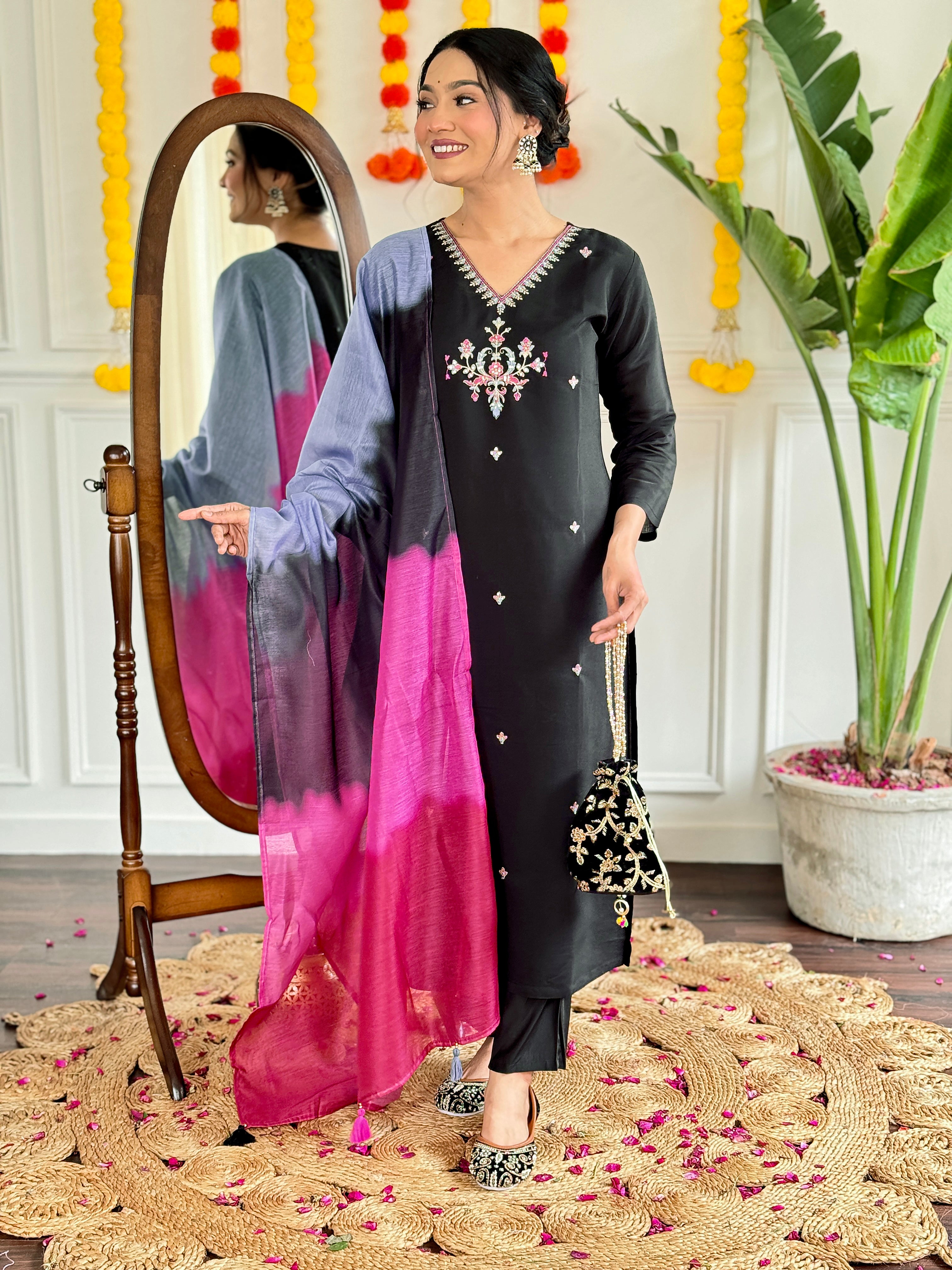 Black Kurta Pant Set with Heavy Thread Embroidery Work