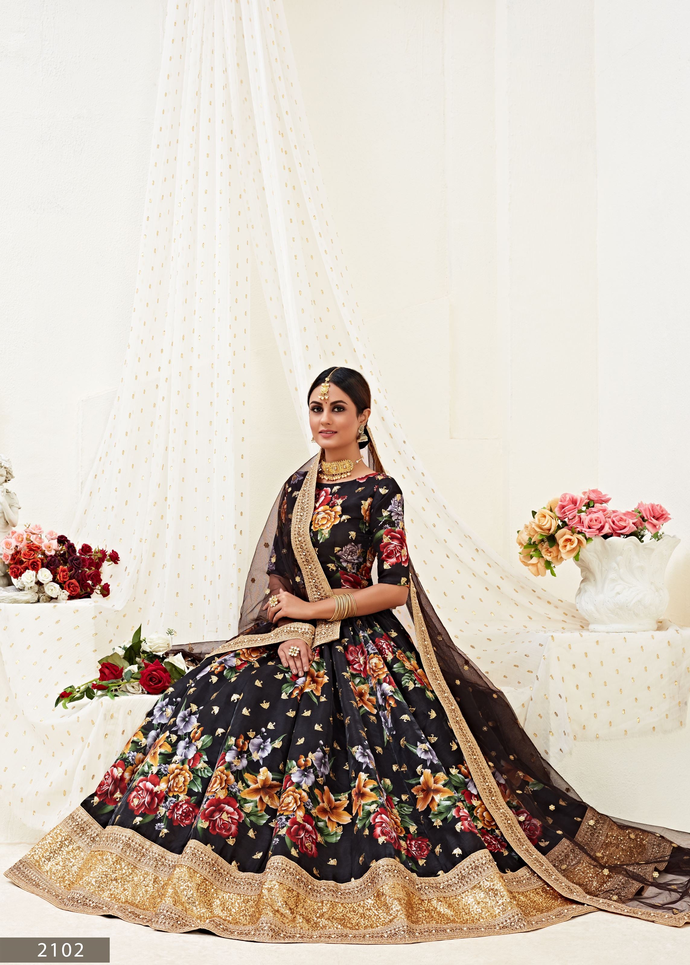 Black Lehenga Choli With Digital Print With Dori, Sequins Embroidered Border And Pearl Work