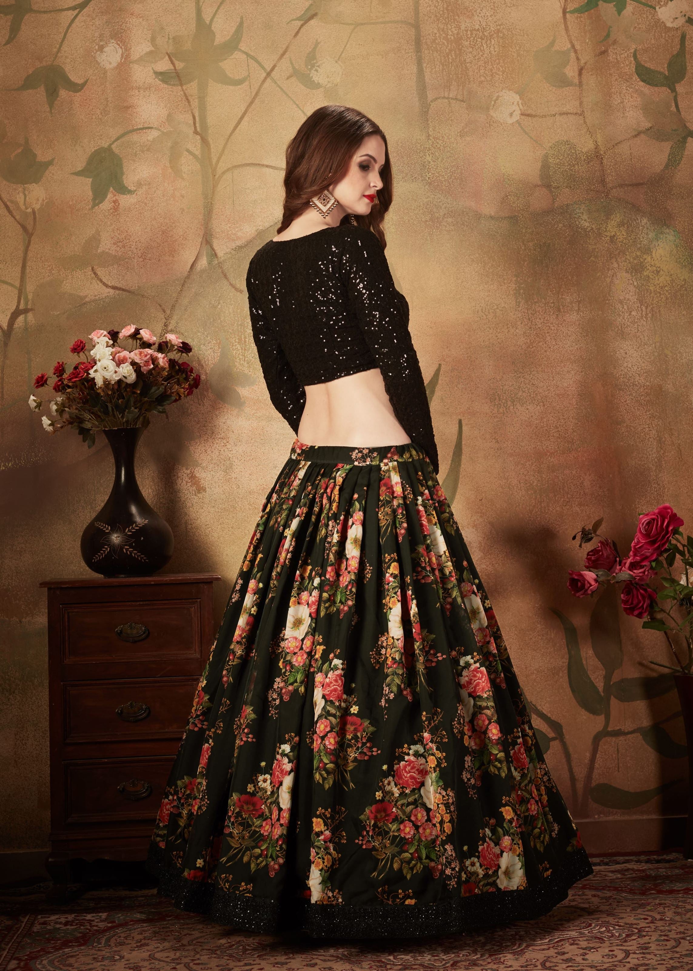 Black Lehenga Choli With Digital Print & Dori, Zari And Sequins Embroidery Work
