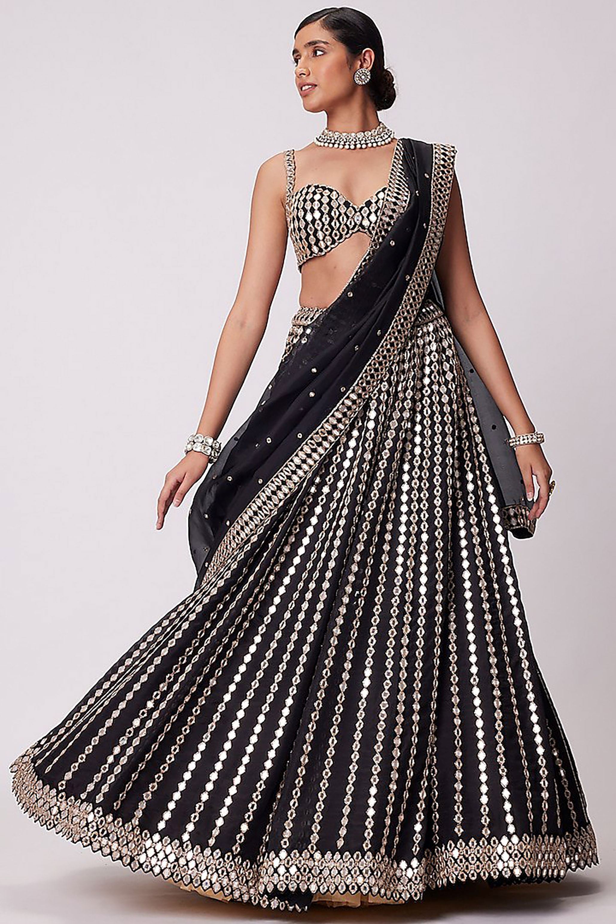 Black Lehenga Choli With Paper Mirror With Zari Embroidery Work