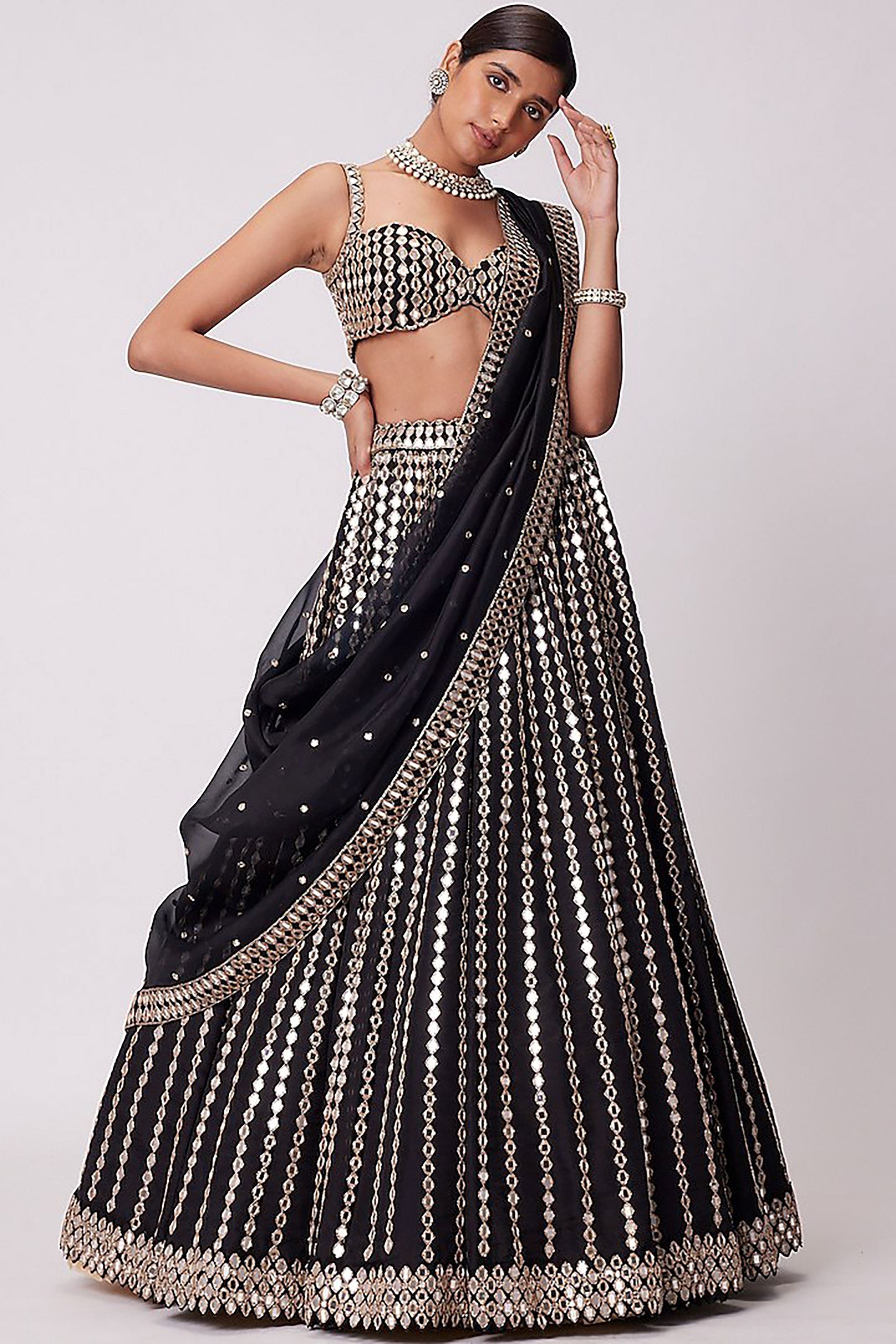 Black Lehenga Choli With Paper Mirror With Zari Embroidery Work
