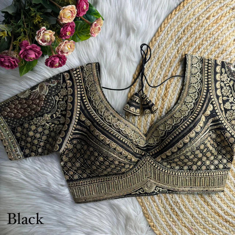 Black Luxe Bridal Roman Silk Blouse with Gold Zari, Embroidery & Sequins