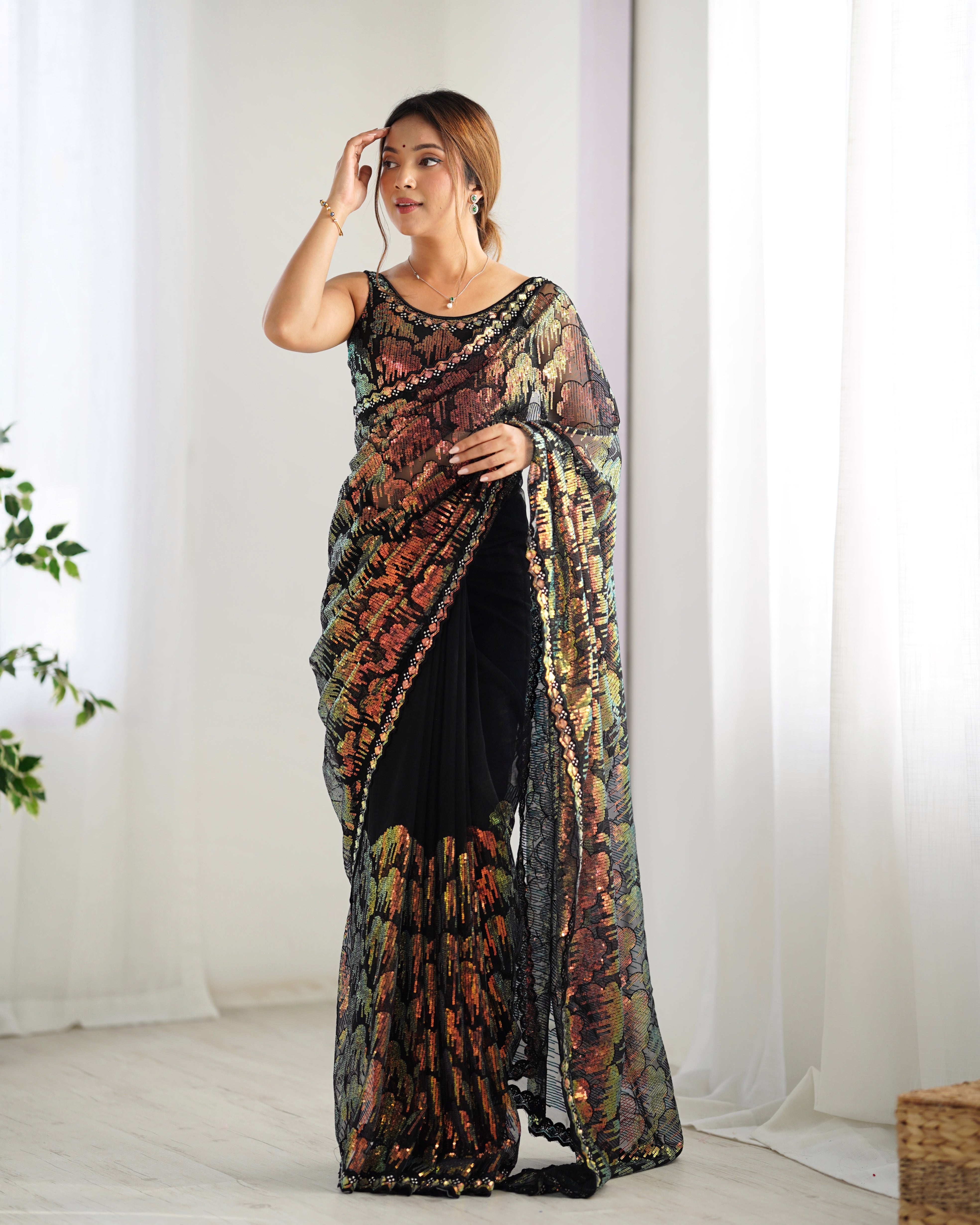 Black Mono Net Beautiful Bollywood Saree With Designer Sequins Work